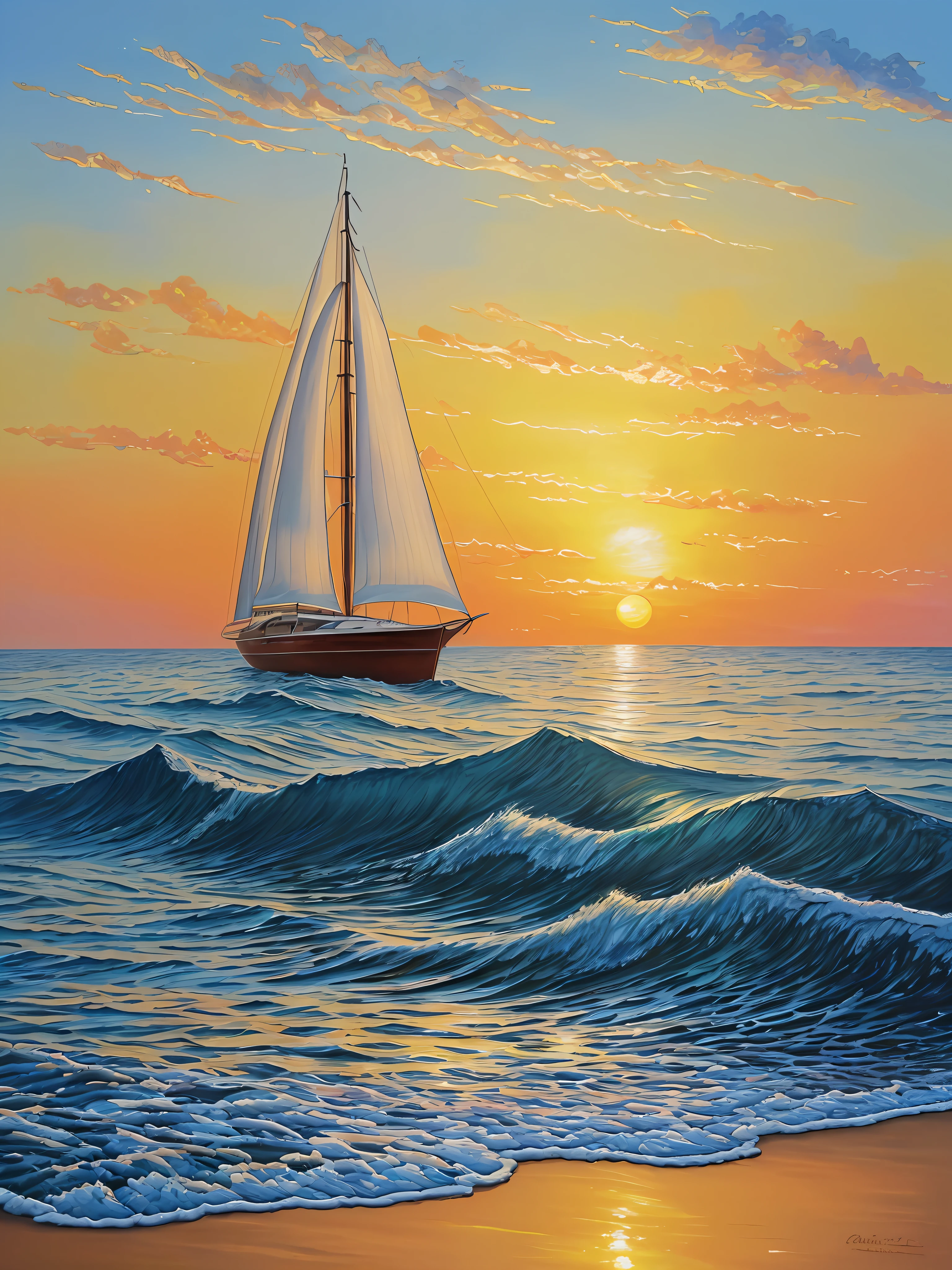 Ocean sunset oil painting、Oil painting with heavy glaze、Intricate and delicate oil painting、High quality smooth painting、Wall decoration painting、The sun rises and shines light、Artistic expression on canvas、Artistic quality thick lacquer、Canvas paintings、Large-scale painting、High quality glossy art、Sunset、Splendid oil painting、Detailed paintings、Sunset sailboat painting on the sea --auto