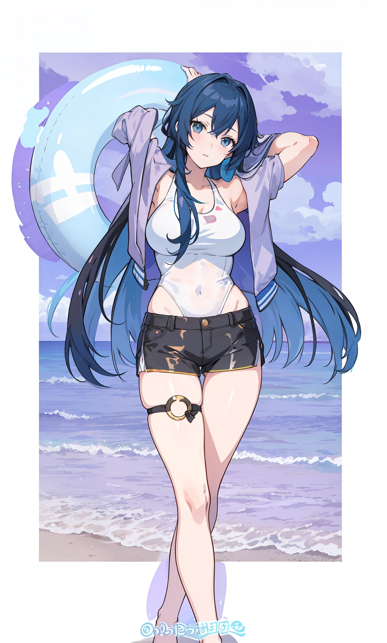 Anime girl with blue hair and white shirt posing in front of blue sky, anime moe art style, anime full body illustration, full body commission for, Kantai collection style, full-body xianxia, !!Full body portrait!!, on the beach, full body!!, in a bathing suit, anime woman fullbody art, in beach, seductive anime girls
