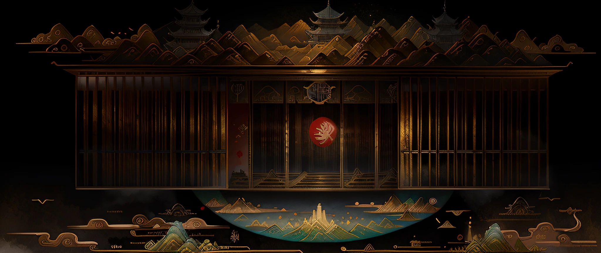 An ancient Chinese painting, ancient Chinese background, mountains, rivers, auspicious clouds, pavilions, sunshine, masterpieces, super detail, epic composition, ultra HD, high quality, extremely detailed, official art, unified 8k wallpaper, Super detail, 32k -- v 6