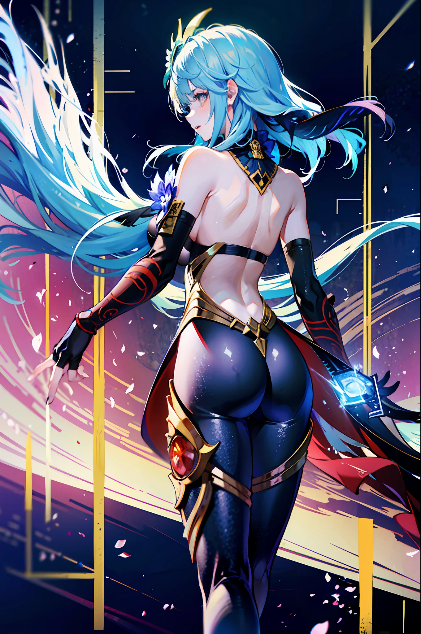 (best qualtiy,detailed back ground,Highest high resolution,8k wallpaper,full bloom,messy hair,shinny hair,Exposure to light,Bright pupils),((god of thunder(Genshin Impact))),(frontage),(Expose boob),(Focus on the legs),long whitr hair,glass ceilings,(cropped shoulders),(tightsuit)