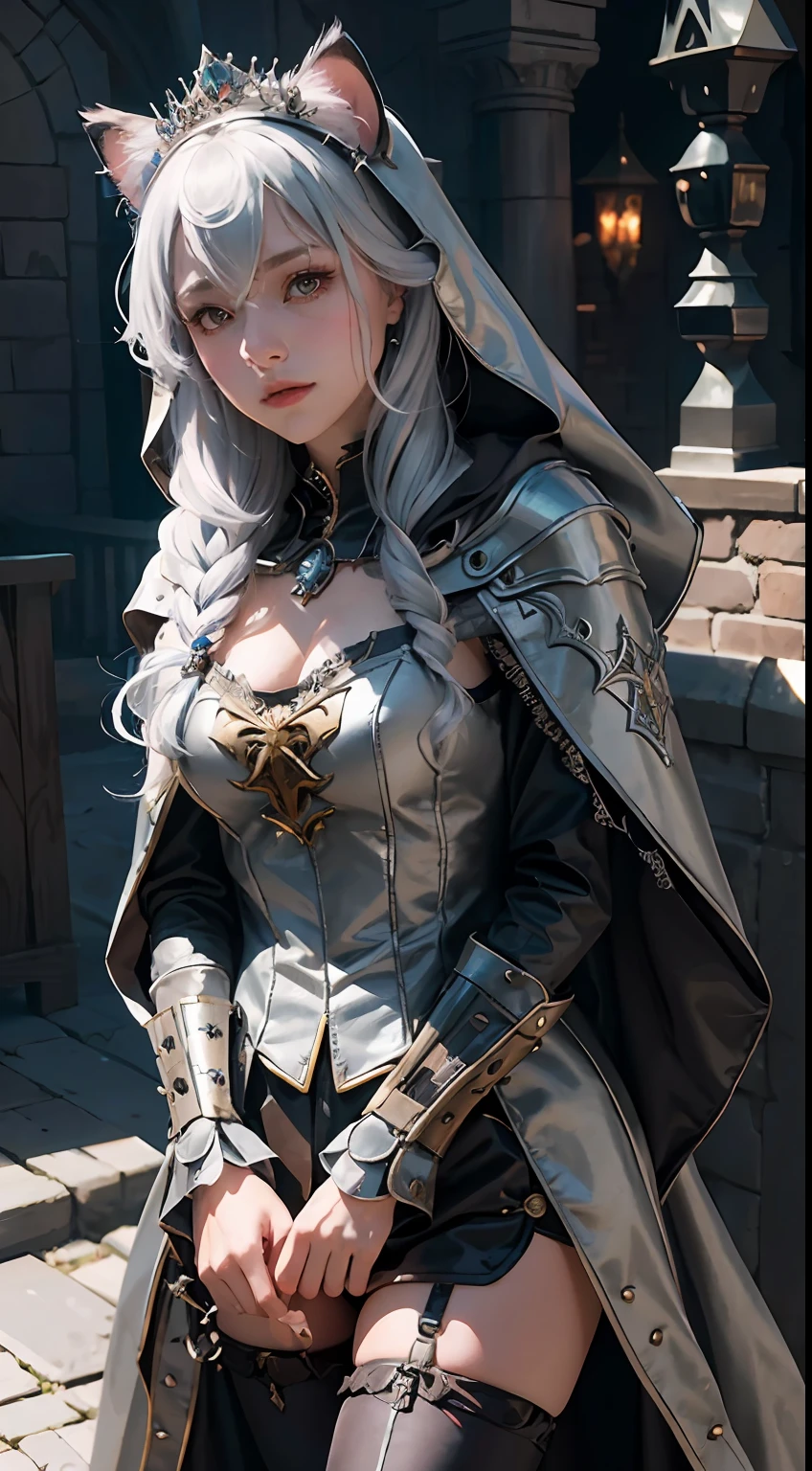medieval times,steampunc,gear wheel,crystal, cat ear, Princess,tiara crown,dual horsetail, Silvery hair, kemonomimi mode, full blush, Hooded cape, High detail, Chiaroscuro, Verism, Ray tracing, High details, A high resolution