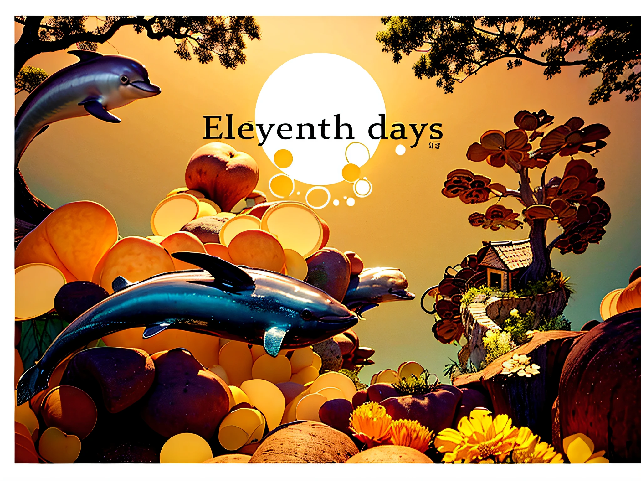 Drawing of a dolphin jumping over a tree,The background is a house, inspired by Richard Doyle, Children's book cover, art concept for a book cover, 1 9th, eleventh doctor, 1024x1024, childrens illustrated storybook, juuichi/Millie Bobby Brown, author:Dhura Marie Evans, author:Kikukawa Sakaeyama