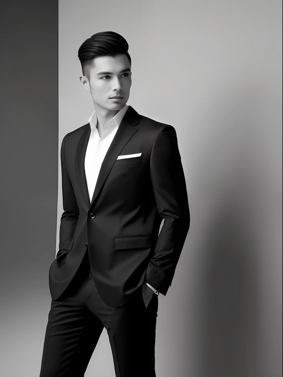 Professional photo for men,Business suit, professional photoshooting,Oversized details。Professional photo,half-length shot, A man in a dark blazer, Short black hair, Side back hairstyle, Monochrome tonal style, Workplace style, Pure white background, Handsome face, Commercial images. Professional camera angle, Professional portrait lighting, Studio lighting, Business feel, professional photoshooting, Extreme detail, hyper HD, Maximum detail, hyper-detailing, Clear detail, Amazing quality, super detailing, Unbelievable,HDR,16K,the detail, The most real