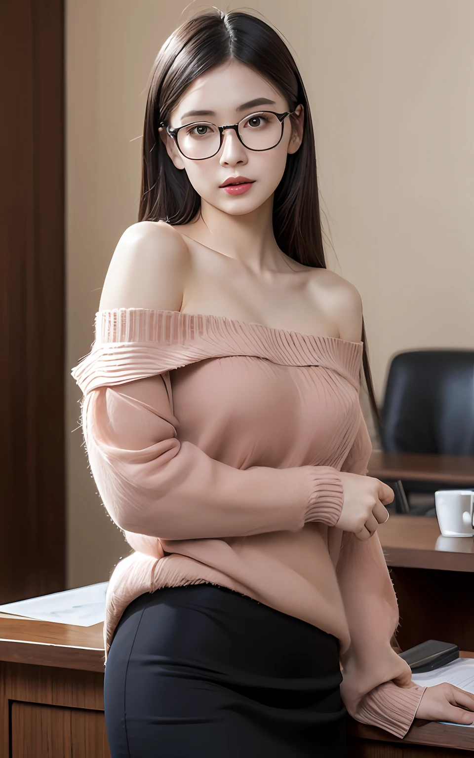 extremely detailed CG unity 8k wallpaper, best quality, ultra-detailed, masterpiece, realistic, photo realistic, extremely detailed cute girl, 25years old, (secretary),, (glasses), blush, parted lips, business white shirt ,pencil Skirt , half body shot , hotel  ,  panties under pantyhose ,off-shoulder sweater