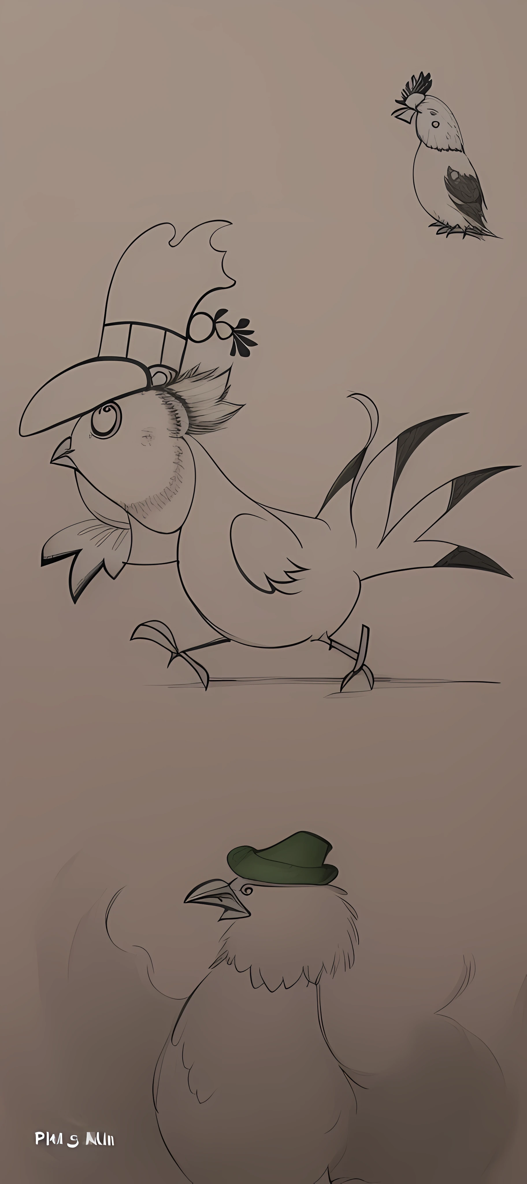 drawing of a bird with a hat on its head and a bird with a tail, anthropomorphized chicken, by Edo Murtić, cocky, by Hans Fischer, rooster!!!!, by Pál Böhm, chicken, by Pál Balkay, illustration of a rooster, rooster, hand drawn, cartoon still