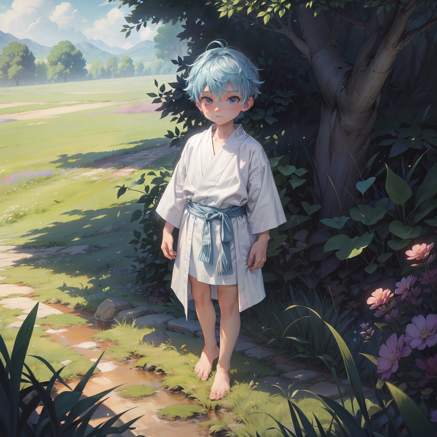 4K), Cute 7 a with small feet and short legs with light blue hair and barefoot and white robe , Lies on a meadow and shows his feet, Regentag, Nebel Licht, Impressionismus, 2D, Focused on the feet