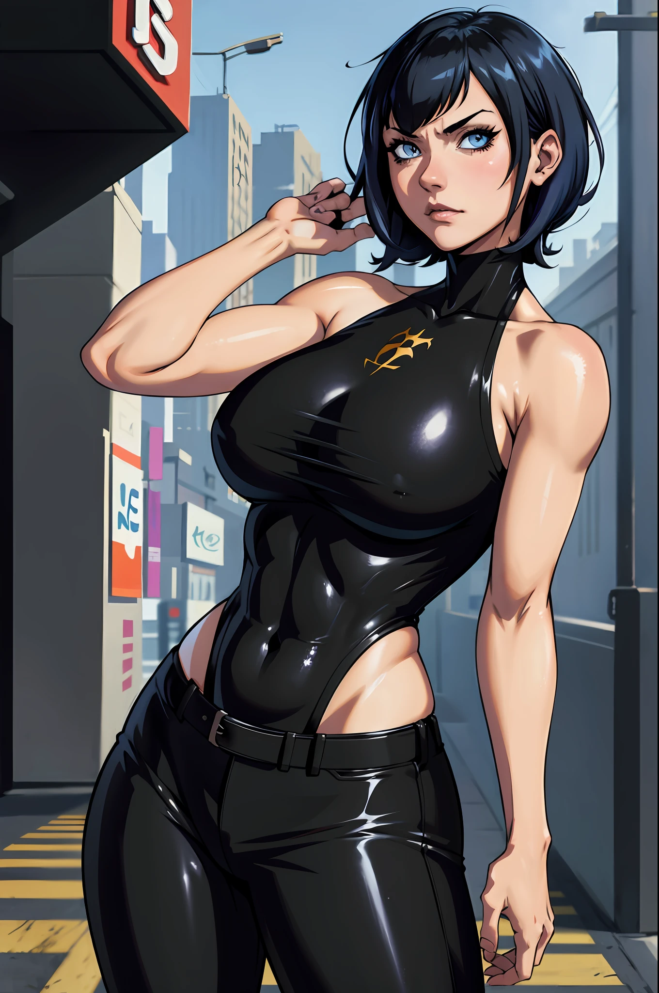 1girl, pelo corto, cabello negro, ojos azules, Chica de anime con tatuajes posando con un traje negro en una ciudad, arte digital de anime, chica sexy de anime, Chica de anime femenina, arte de anime , muscular!, Gran Oppai , Ilya Kuvshinov, Badass Anime 8K, arte de anime, big tits, big ass