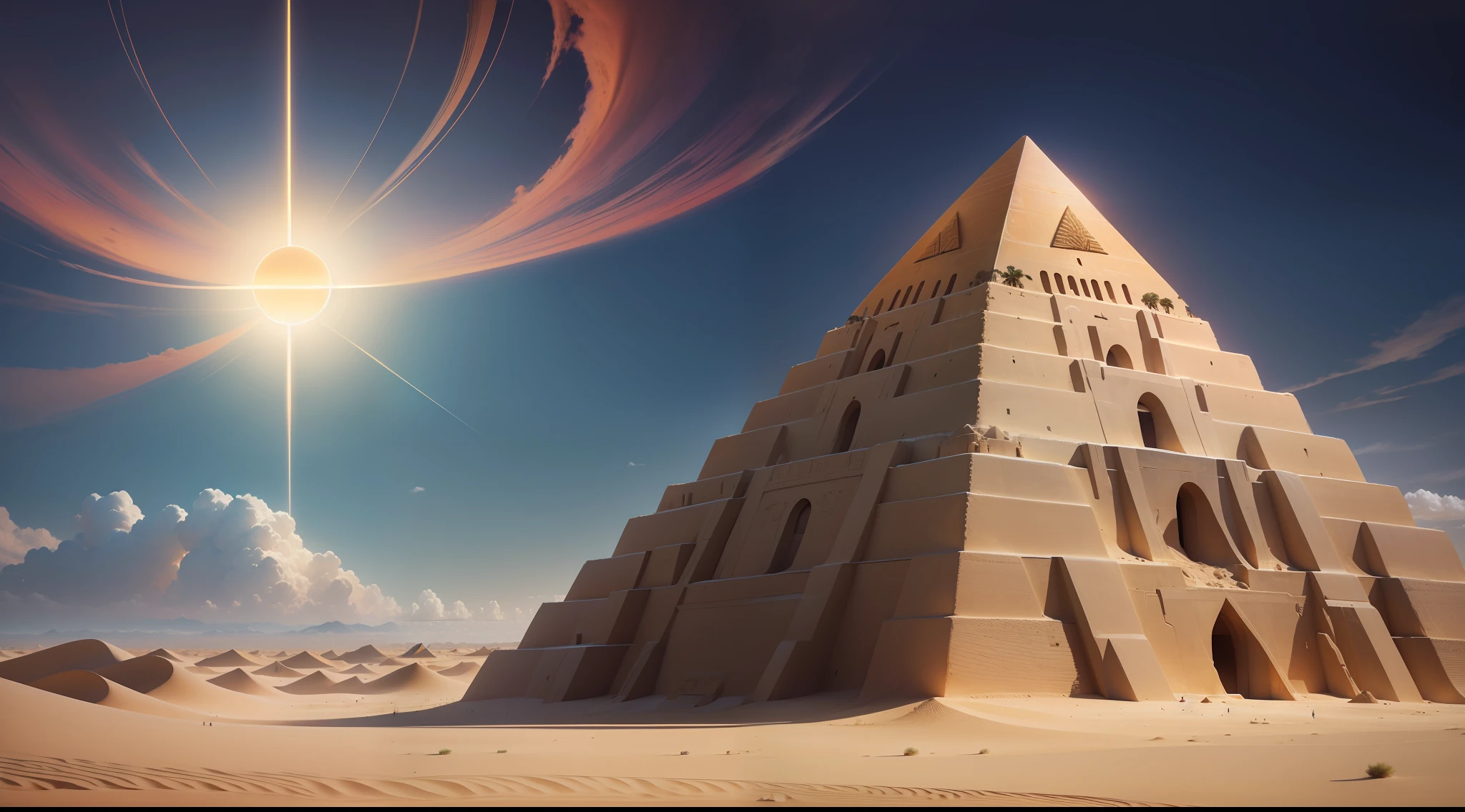 "A wide panoramic view of a vast desert landscape with high golden sand dunes that stretch to the horizon under a bright blue sky with the sun illuminating. No primeiro plano, A majestic and ancient pyramid rises built with golden blocks of limestone that glow brightly under the desert sun. The pyramid has a square base and sloping triangular sides that meet at a point at the top with a golden stone finishing the tip. Small clouds of sand swirl around the base of the pyramid and some palm trees sway near it."