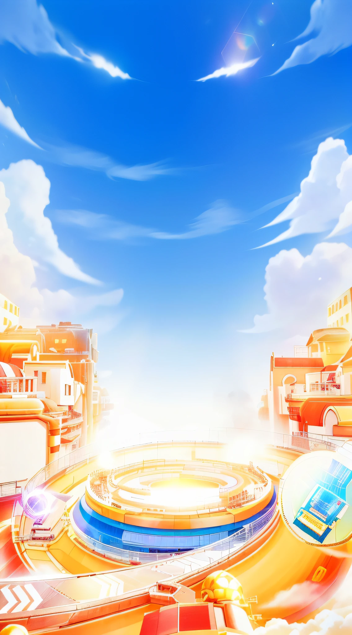 Overlooking,There is a cylindrical hollow platform in the middle,The inside exudes a strong glow,A modern conveyor belt surrounds,It is surrounded by orange-yellow houses,Blue sky,A little white cloud,rays of sunshine