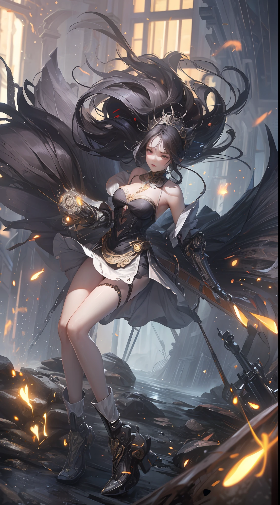 ((Super Best Quality)), ((Very Masterpiece)), ((Super detail:1.4)), ((3d ultrarealistic)), android mage girls, Mechanical body, Dynamic Full Body Action Pose in Battle Scenes, Very Complex and Heavy Fighter Mechanical Armament, Off-the-shoulder fashion fused with detailed and intricate steampunk and detailed gothic lolita, intricate steampunk headgear, very thin long legs, mechanical boots above the knee, fluttering lace flared miniskirts, upturned and beautiful little breasts, rather long vertical curly silver hair driven by the wind, countless shining large spheres flying around, many sparks crossing and splashing, countless neon lights raining down from poses that evoke magic, steampunk factories, Intricate and precise mechanical ruins, very dark night backgrounds, Very dramatic and cinematic lighting.