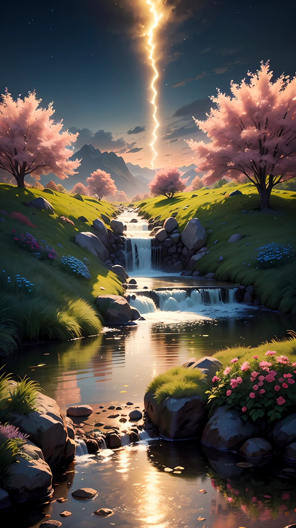 On a small mountain peak, there is a golden spring gushing upward.
The spring water gathers into a stream, surrounded by many flowers
and colorful colors lighting effect, CG rendering the dark skyHD -
-ar 9:16 --iw 10 --auto