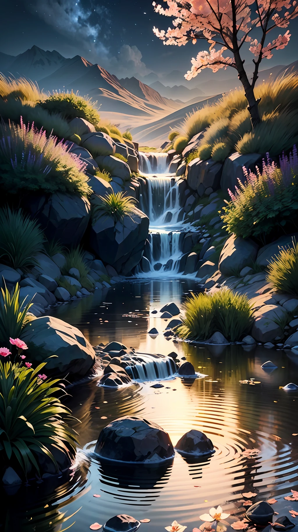 On a small mountain peak, there is a golden spring gushing upward.
The spring water gathers into a stream, surrounded by many flowers
and colorful colors lighting effect, CG rendering the dark skyHD -
-ar 9:16 --iw 10 --auto
