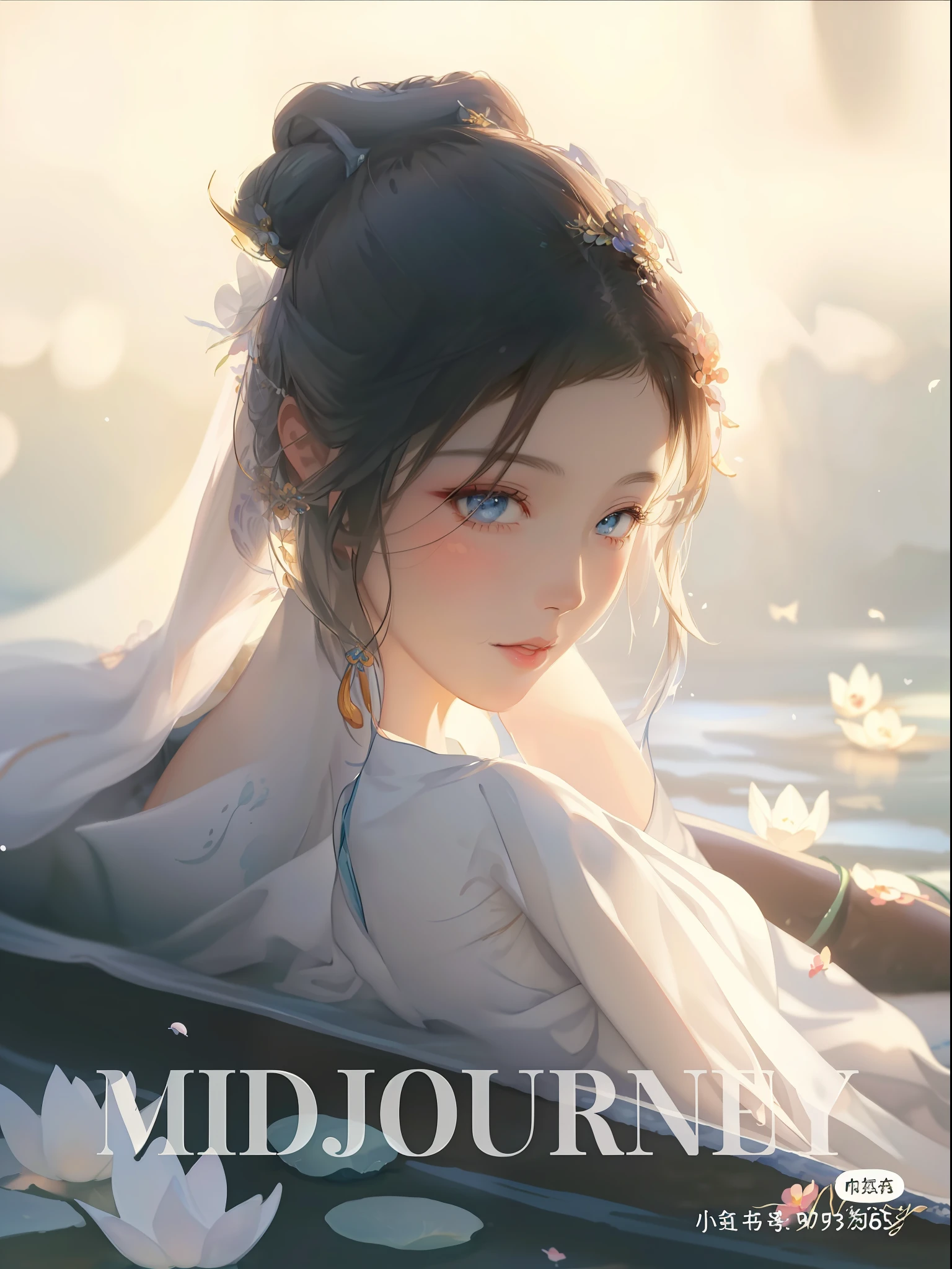 Close-up of a woman in a white dress sitting in the water, Guviz-style artwork, Guviz, by Yang J, Palace , A girl in Hanfu, Beautiful digital illustration, Beautiful character painting, Beautiful digital artwork, A beautiful artwork illustration, guweiz masterpiece, trending artgerm, author:Huang Ji