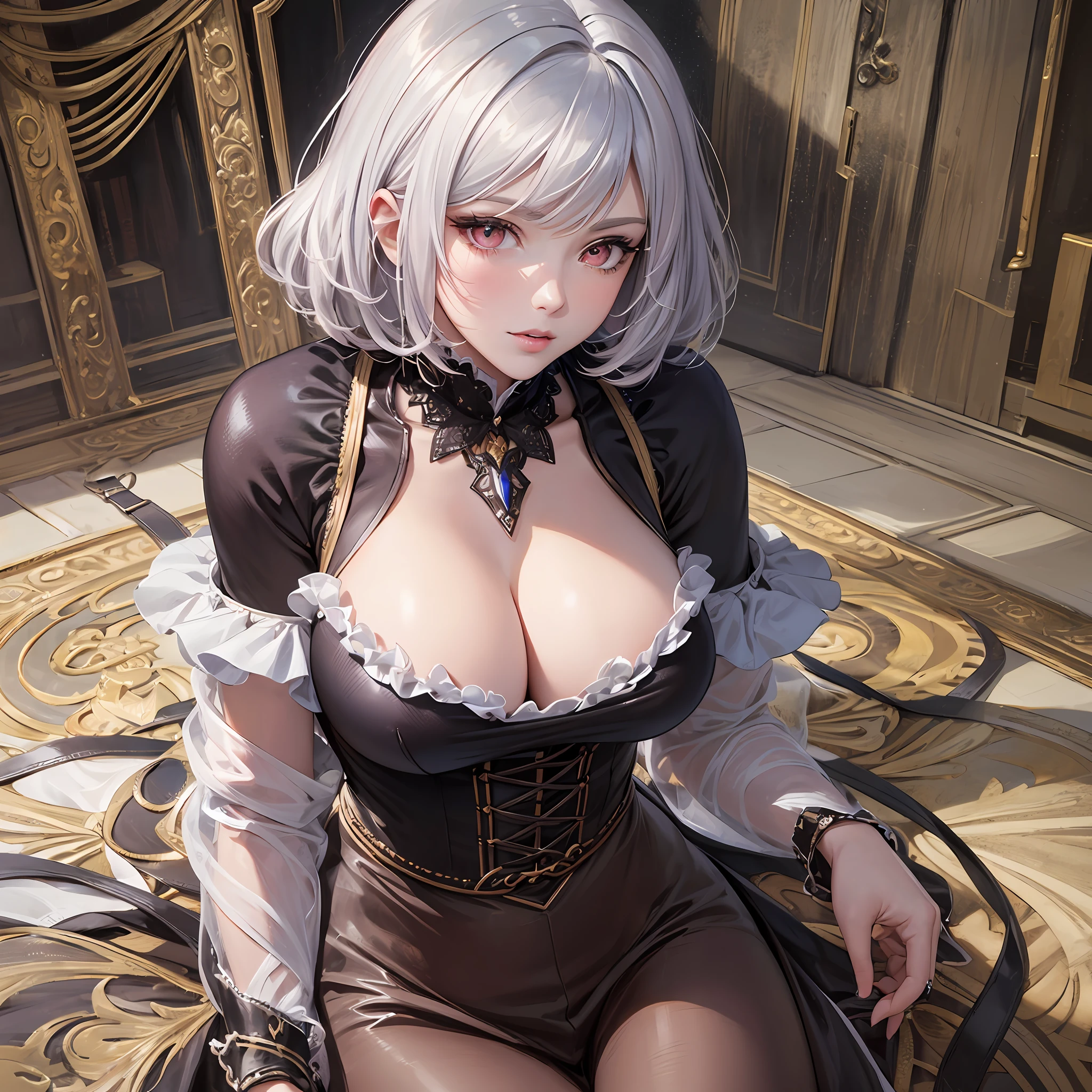 high resolution, highest quality, super high quality, super detail, ultra realistic, photorealistic, animification, portrait, anime, manga, illustration, Northern Renaissance style, fantasy, super cute woman, flowing layered messy silver short bob, sparkling big pink eyes, mysterious, enchanting, alluring moist lips, huge breasts, great proportion, perfect proportion, slender, full body, sit on a chair and rest one's chin on one's chin, camisole dress