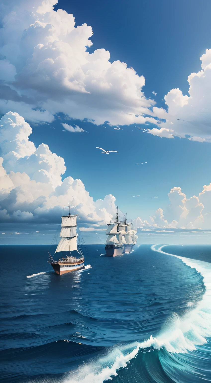 Tech ship，fleet，5 small boats escort，riding the wave，Blue sky，There are no clouds，The boat is in the lower right corner of the full picture，The position of the ship is on the left side of the bottom，Reduce the size of the ship to show the entire fleet