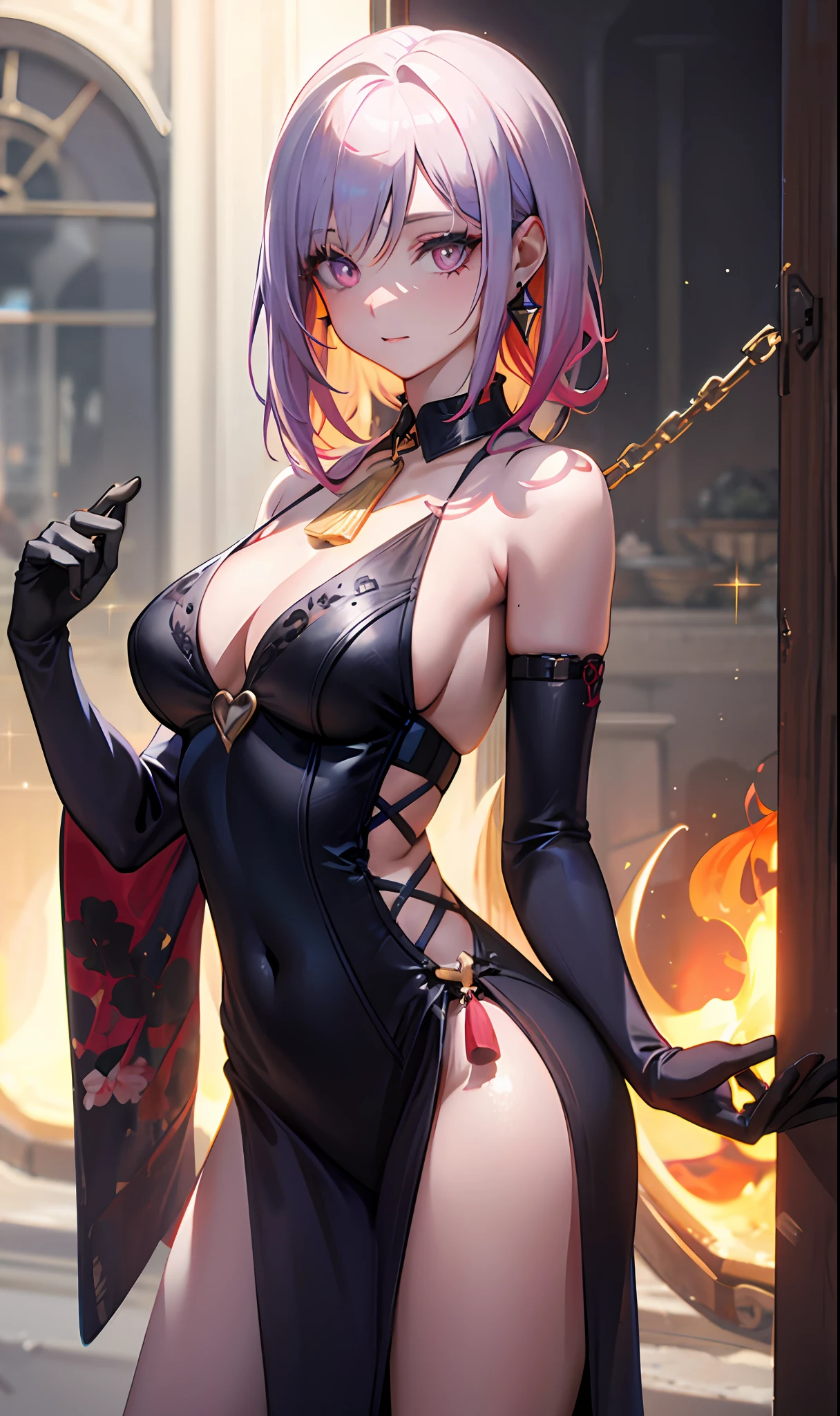 （tmasterpiece，Sideslit，Beautiful eyes：1.2），（tmasterpiece*sportrait），sportrait，busts，（busts），Lifelike，Anatomical correct，3D脸，luscious skin，（Solo），Hair with pick-dye，Gradient hair，（closeup of face），Lovely face，（Fire opal-like purple eyes），Hanging eye corners，（（highdetailskin，Visible pores）），（Perfect body），beuaty girl，little breast，（（Japanese-style_Made_Costume）），（neck rings），very short gloves，（chain），（Laser material clothing：1.2）