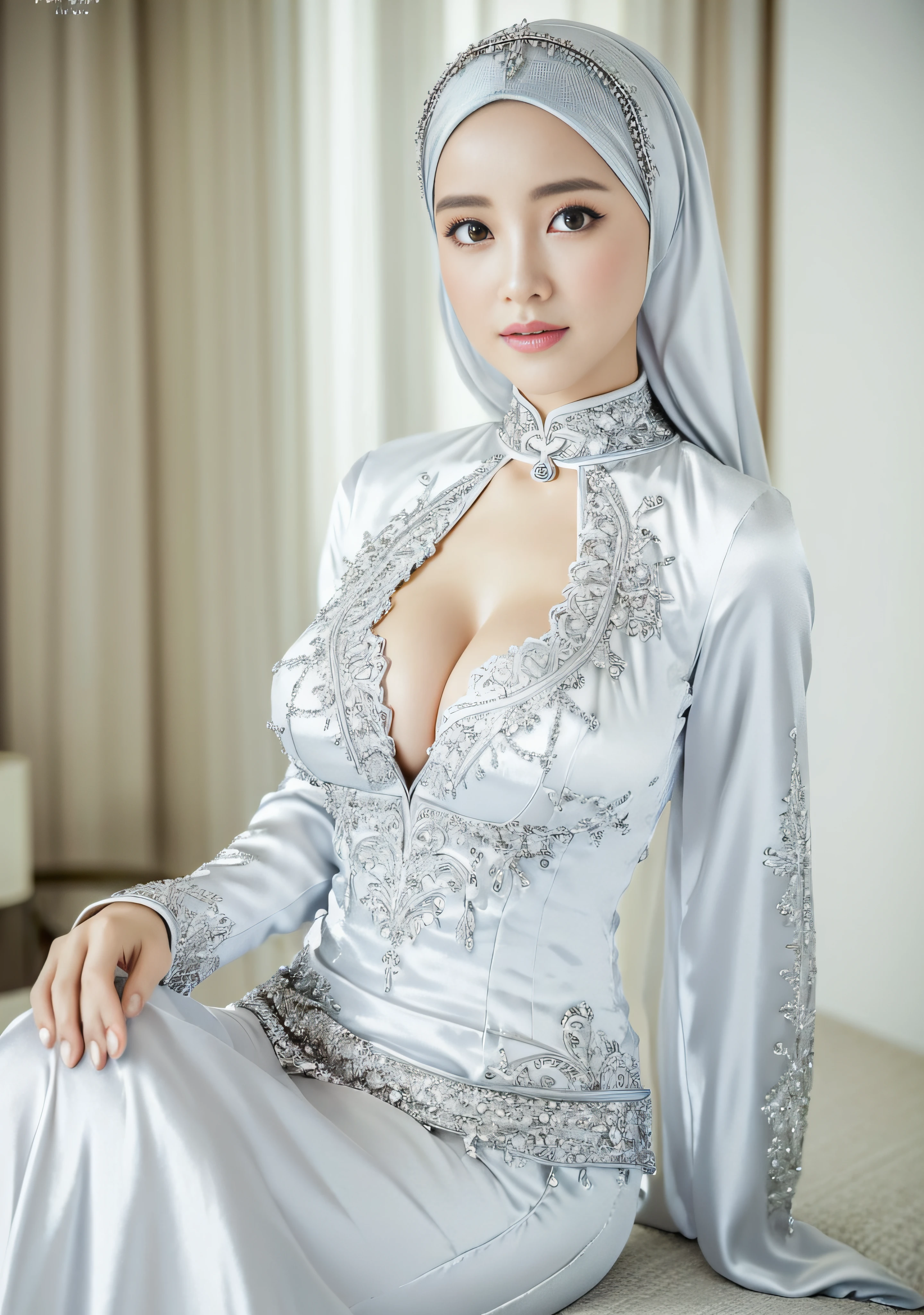 Marian Rivera, 30 years old , ((gigantic breast:1.3)), beautiful young lady, Nikon Z 85mm, ((best quality)) ((masterpiece)), intricate detail, sharp focus, professional, realistic, real life, hyperreal, photorealistic, fine detail, best quality, very Detailed CG unity 8k wallpaper, perfect artwork, Full body, shiny hair, glowing eyes, shiny skin, realistic, perfect female hourglass figure, thin waist, wide buttocks, looking at viewer, extremely delicate and beautiful, best quality, beautiful detail girl, beautiful eye detail, face lighting, film lighting, perspective, revealing buttocks, perfect collarbone, golden ratio face, realistic facial expression, (exquisite detail, makeup, (exquisite beautiful exquisite face, delicate and beautiful eyes, a face with perfect proportions, high-detailed skin,((wearing tight Silk silver long closed Ao Dai with closed hijab)), simple diamond necklace, ((embrodery detali clothes)), ((closed breast)), ((closed clothes), ((polite clothes)), luxury hotel bedroom, sitting, cross legs, elegant pose