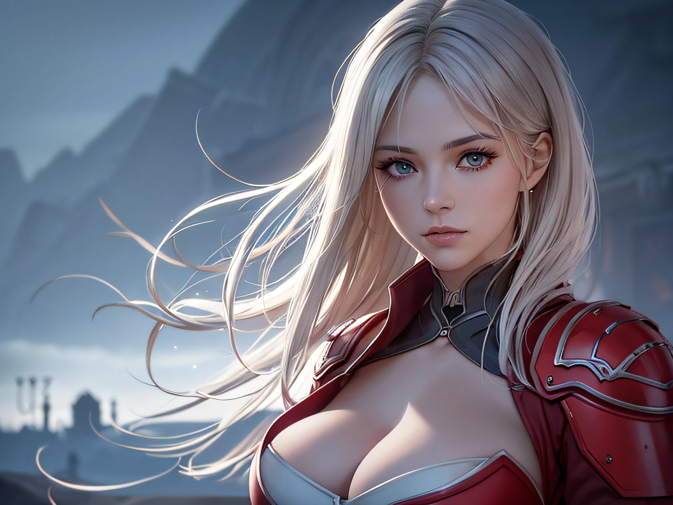 Cirilla Fiona Elen Riannon，Highest image quality，Outstanding details，超高分辨率，（Fidelity：1.4）, Favor the details，closeup cleavage，dawn，Snow，winter，Behind it is the wizard's sword，He has a delicate and beautiful face，（（Red and white semi-mechanical body：1.8）），Raised sexy，frontage，cyber punk perssonage，Futuristic，mechanically aesthetic，Virtual Engine 5，Perfect detail rendering，rendering by octane，hyper HD