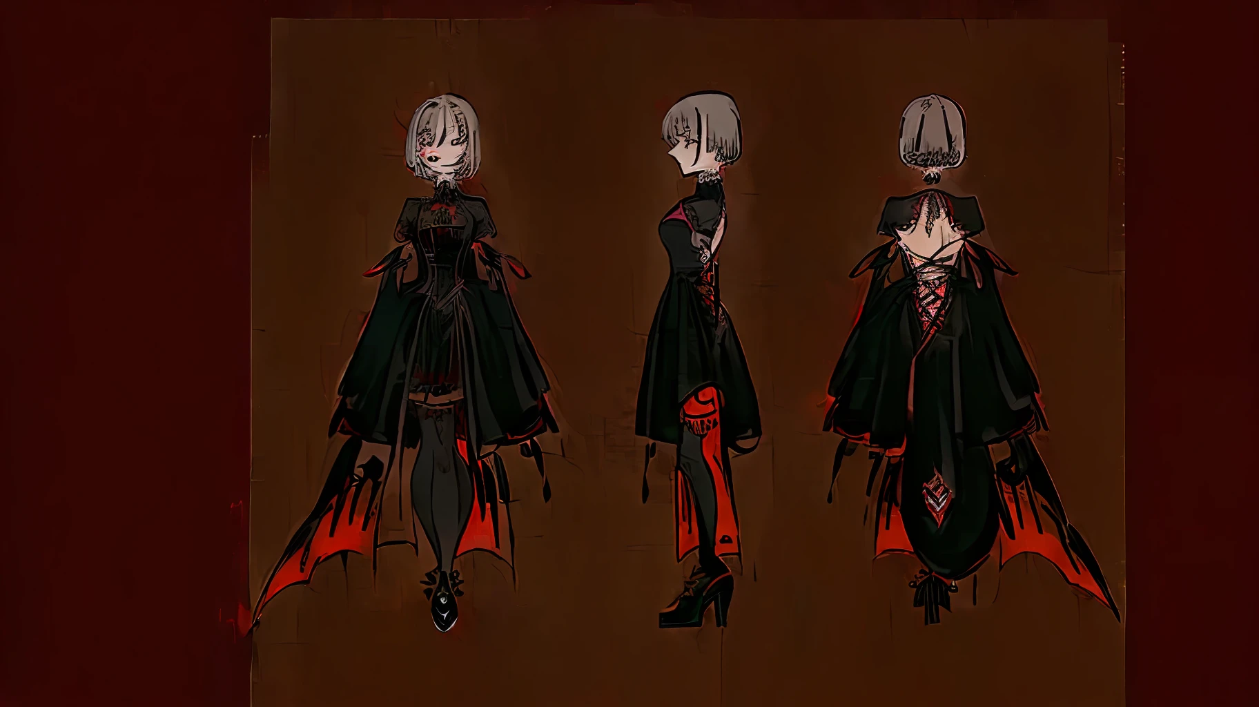 (((Masterpiece))), (((top quality))), (((character design sheet, full body, front, side, back, same character))), girl, gray hair, short bob, detailed eyes, (((gorgeous red and black gothic complex dress))), simple background, (white background) --6