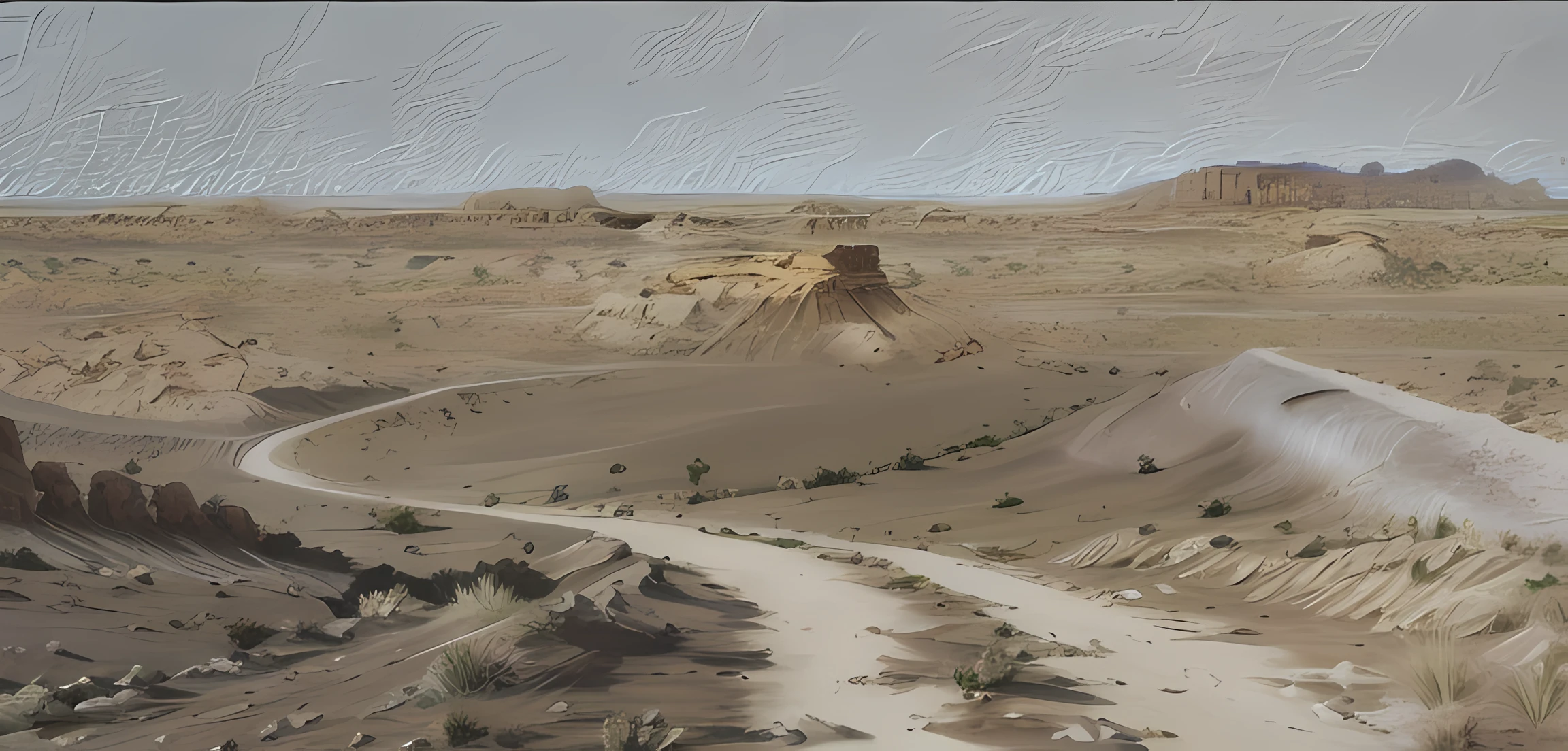 mound,desolated,There is a dirt road that winds through the desert, OilPaintStyle, digital oil painting, digital painted, 3 d virtual landscape painting, oil digital painting, A digital painting, new mexican desert background, desert mesa