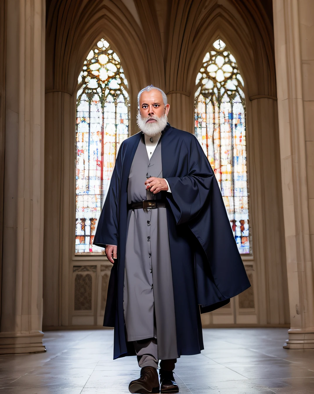 old priest in an empty gothic cathedral, big grey beard, blue eyes, aged skin, ((whole body,)), light coming from windows, diryt monk robes, torn clothes, very serious expression, medieval clothes, portrait