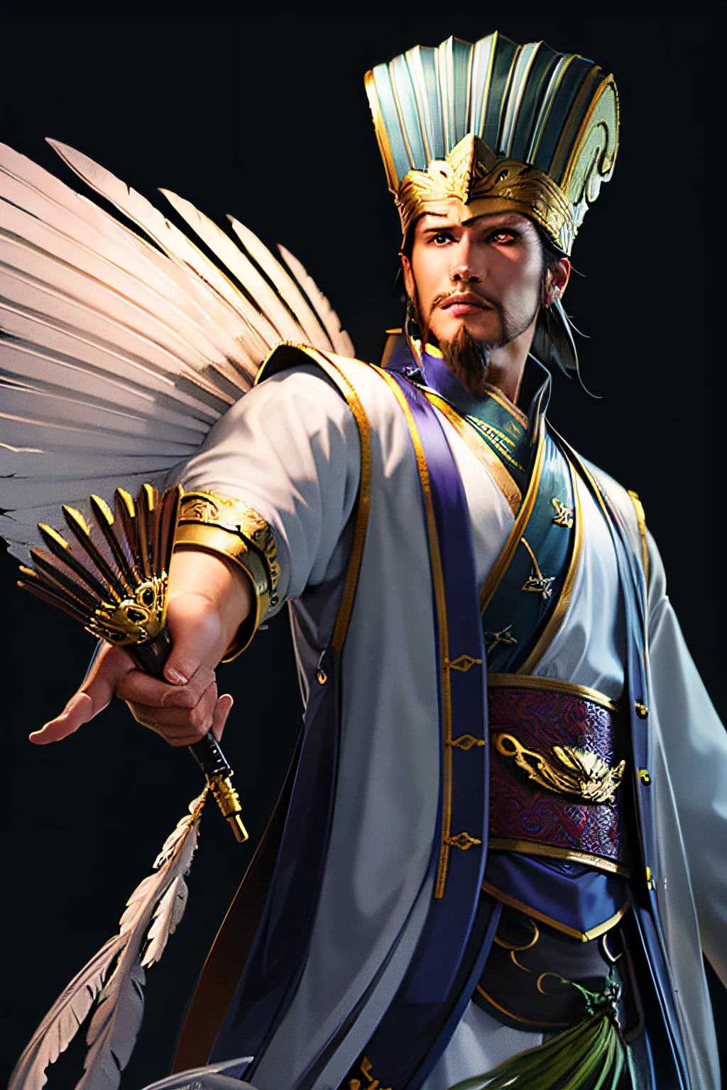 1boy, (8k, best picture quality, masterpiece: 1.4), final fantasy, (fantasy), (lighting), solo, white chinese chat, chinese clothes, (handle Feather Fan), feather, white cloth, cloud, eagle, wings