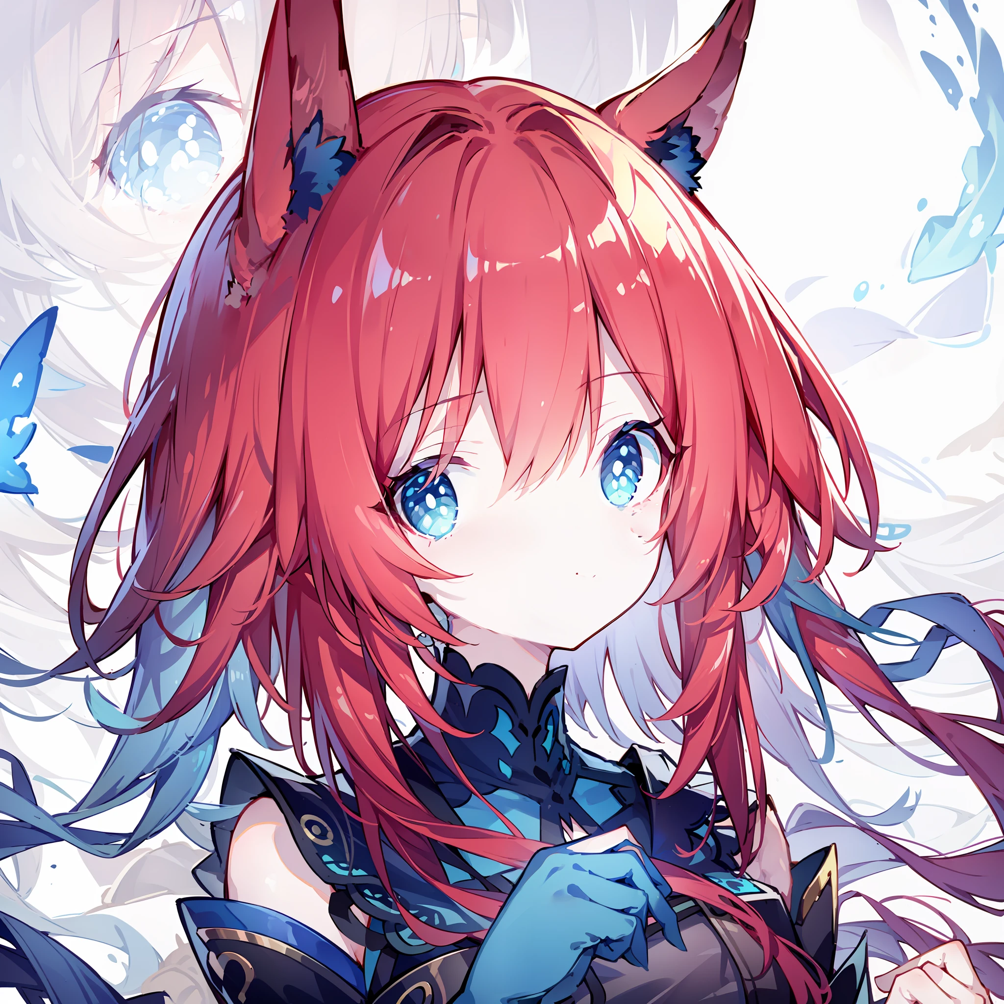 red tinted hair,ssmile,Dark blue clothes,Hold your face with your hands,dual horsetail,Blue pupil,Look at the top left corner,high qulity,tmasterpiece,Blue cat ears
