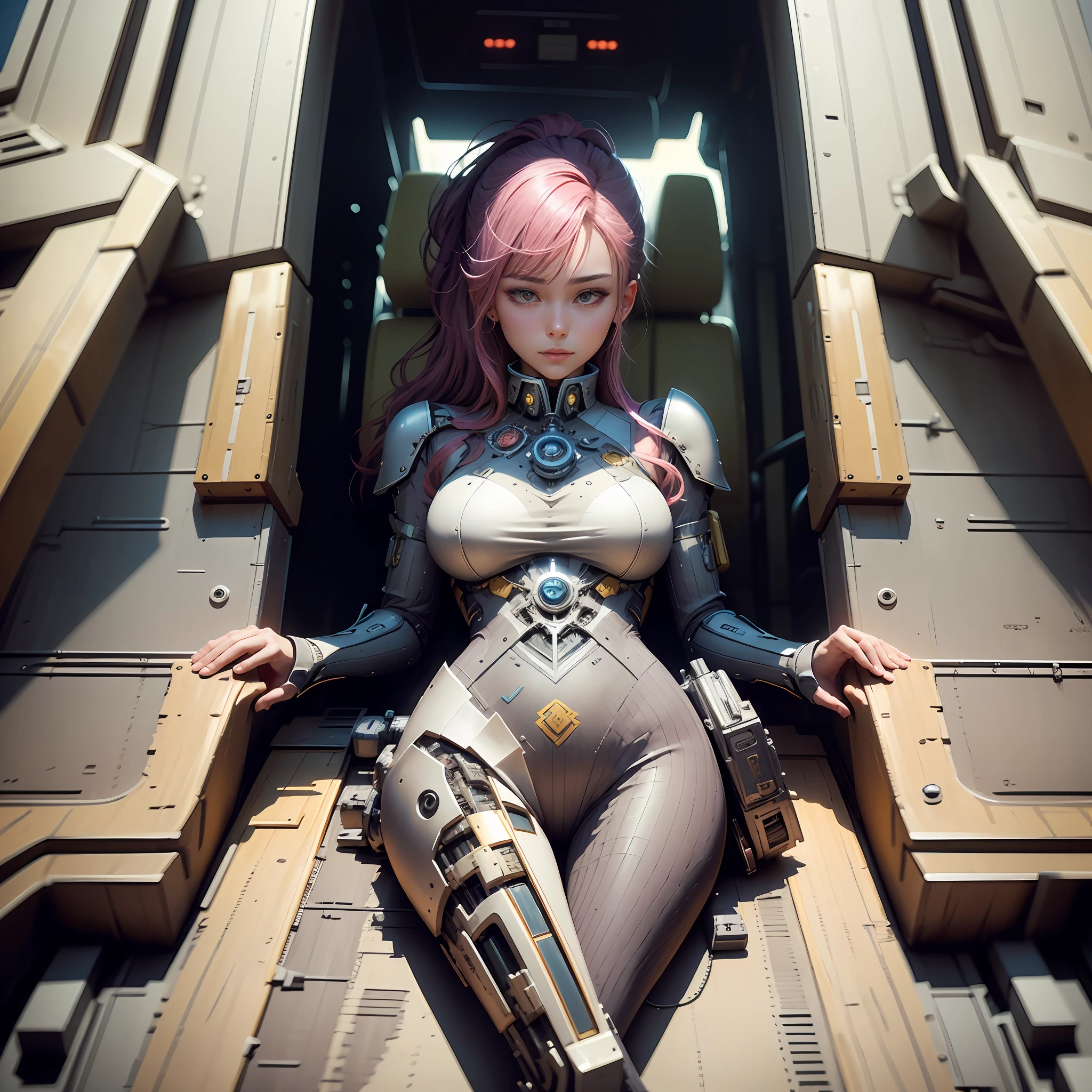 EVA,mechs,Puppets,Up,Transparent cockpit,The cockpit is located in the chest,Background with(New York Metropolis,High-rise buildings),Buildings,Tall mech,The height of the armor is 10 meters,driver(Real Human,Kizi),Wearing pink tights,The figure sits in the cockpit,(best qualtiy,4k,tmasterpiece:1.3),Pretty Women,Ultra- Detail face,Detail lips,detailedeyes,二重まぶた,tmasterpiece, best qualtiy, Ultra photo realsisim, ultra - detailed, 8K分辨率, --auto