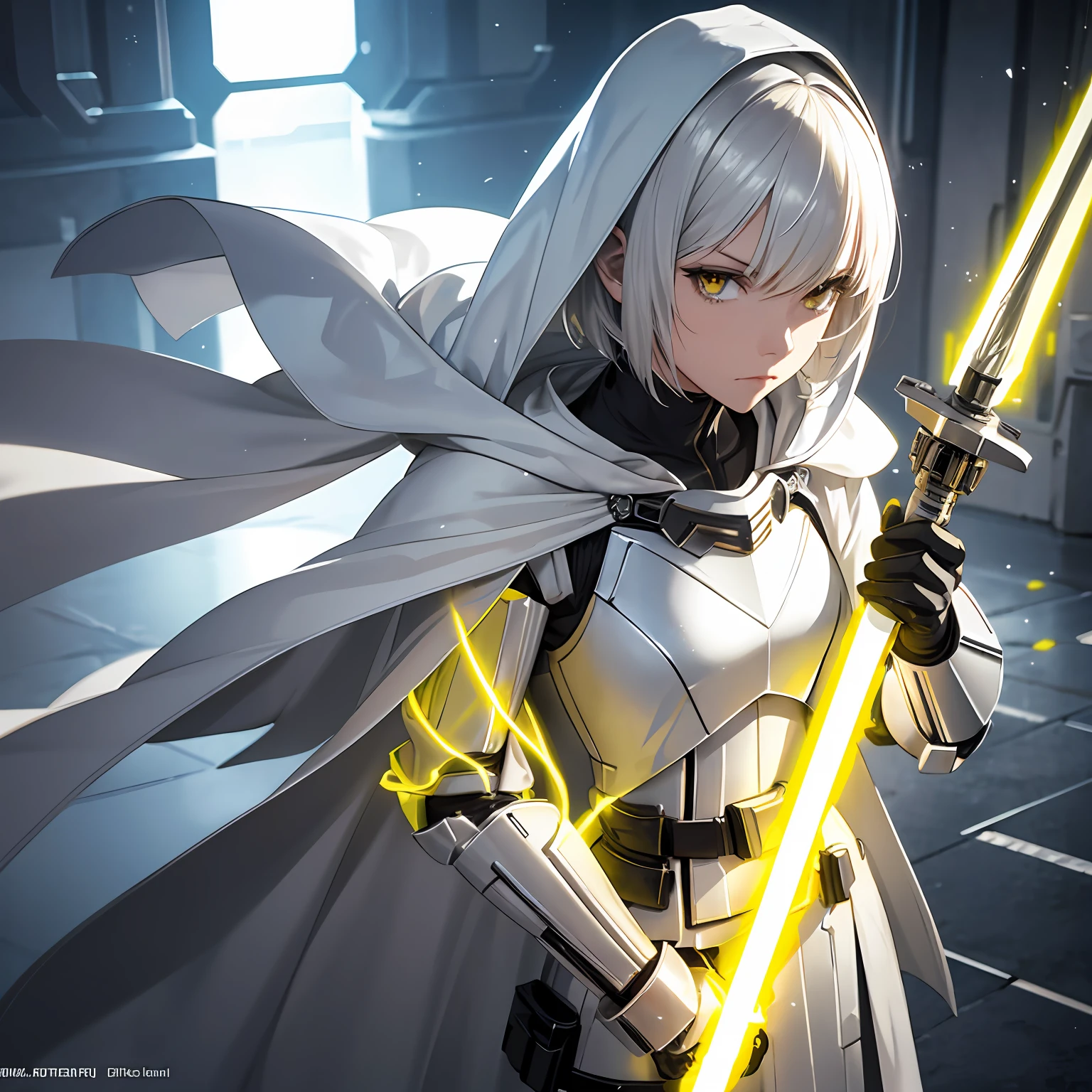 Yellow lightsaber in hand, short hair, serious face, combat attire, white hair, yellow eyes, full white metal armor, android, human appearance, adult female, dress cape, hooded robe --auto