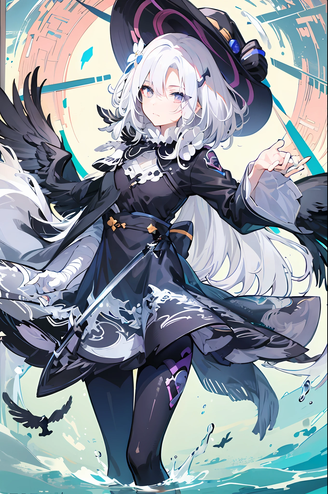 White-headed girl，komono，Blue eyes，The barefoot，White straight hair，Bandages，Dignified and elegant，Anime face，Splash blade，katana swords，Surrounded by wind，Leggings，Water streak background，Bow pulling pose，Raven bow，Black pants，Umbrella cap，cawing ravens，Point water，k hd