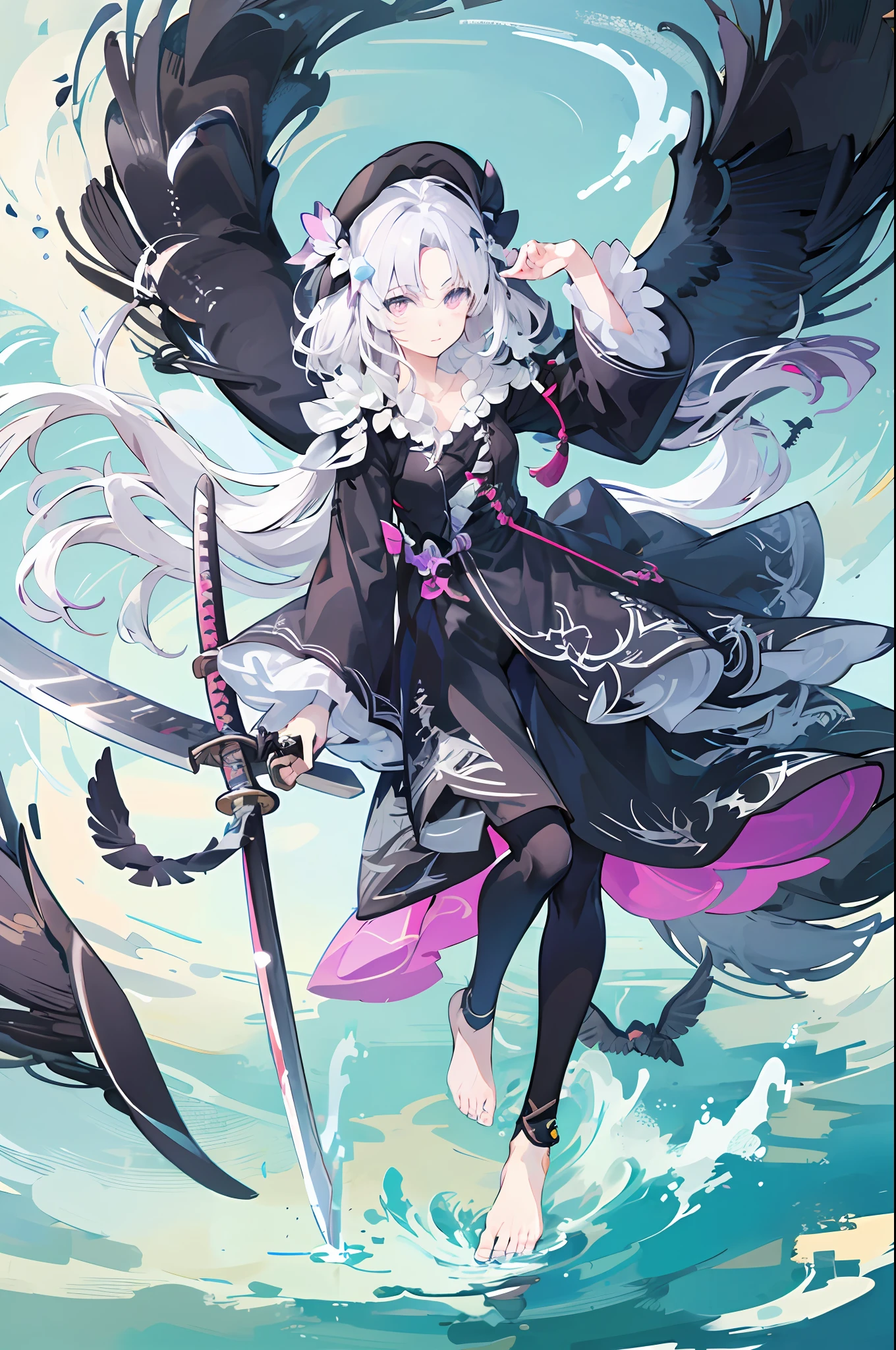 White-headed girl,komono,Blue eyes,The barefoot,White straight hair,Bandages,Dignified and elegant,Anime face,Splash blade,katana swords,Surrounded by wind,Leggings,Water streak background,Bow pulling pose,Raven bow,Black pants,Umbrella cap,cawing ravens,Point water,k hd