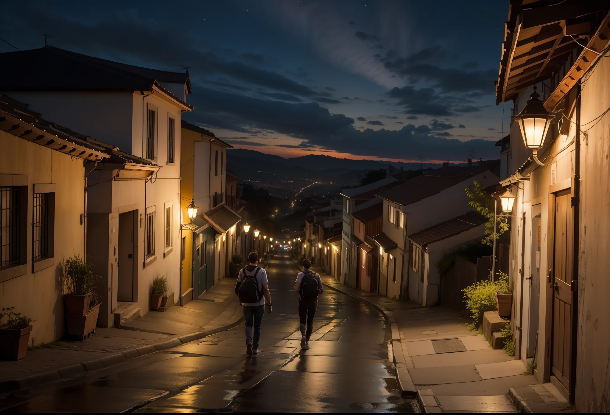 Dois jovens amigos caminhado na rua, Rear view, noite escura, cidade pequena, casas, postes de madeira, lampadas nos postes, 8k, maximum detailed, alta qualidade