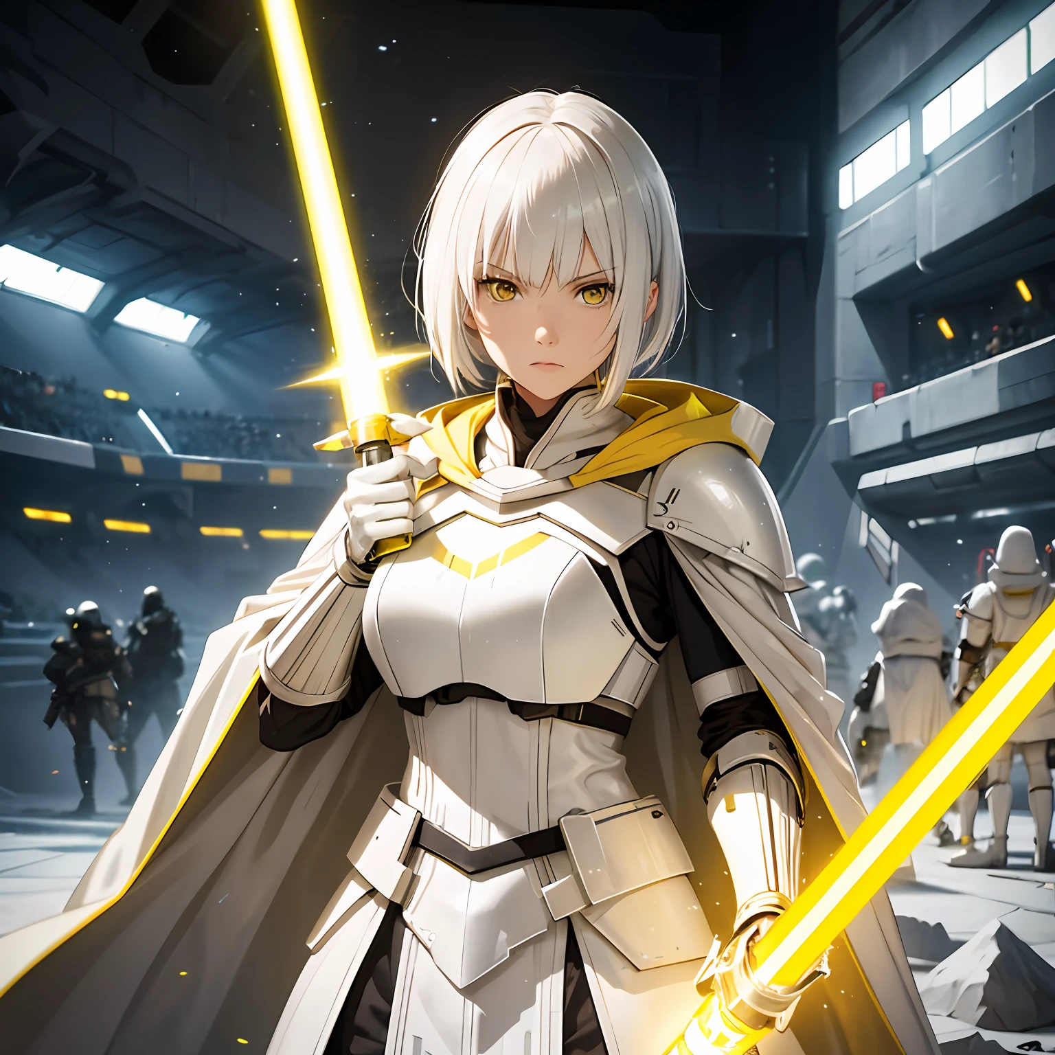 Yellow lightsaber in hand, short hair, serious face, combat attire, white hair, yellow eyes, full white metal armor, android, human appearance, adult female, dress cape, hooded robe. core in chest --auto