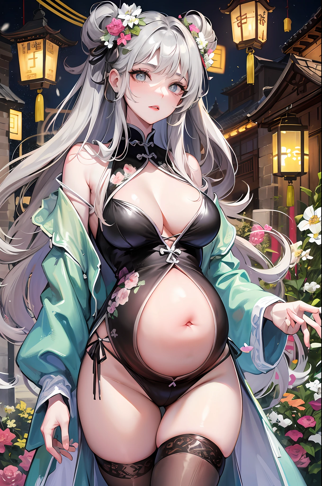 Masterpiece, Best quality, Night, full moon, 1 girl, Mature woman, Chinese style, Ancient China, Sisters, Royal Sisters, Grim expression, Faceless, Silver white long haired woman, Light pink lips, calm, Intellectual, tribelt, Gray pupils, assassins, Flower lanterns, holding lantern, flower ball background, Stroll through the street landscape，pregnant belly，pregnant women with，a navel