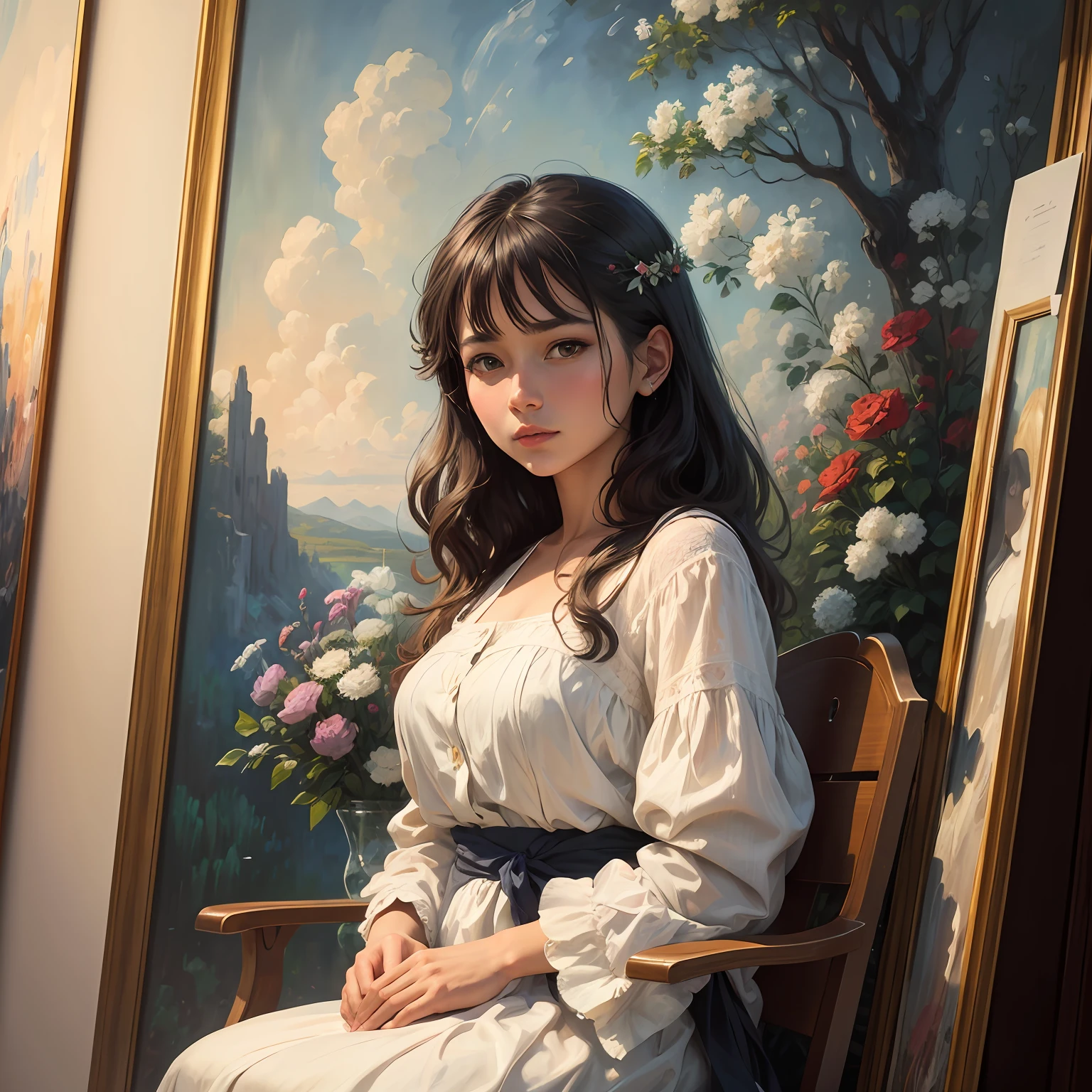 The painting depicts a woman sitting in a chair in front of a painting, The painting is a large canvas, high quality art, thick oil painting, impressionist style painting, large painting, Impressionist style, Monet style, oil on the canvas, acrylic art, impressionist drawing, high detail impressionist style, impressionist drawing, Impressionist art, Impressionistic style, Landscape art, realistic flowers oil painting