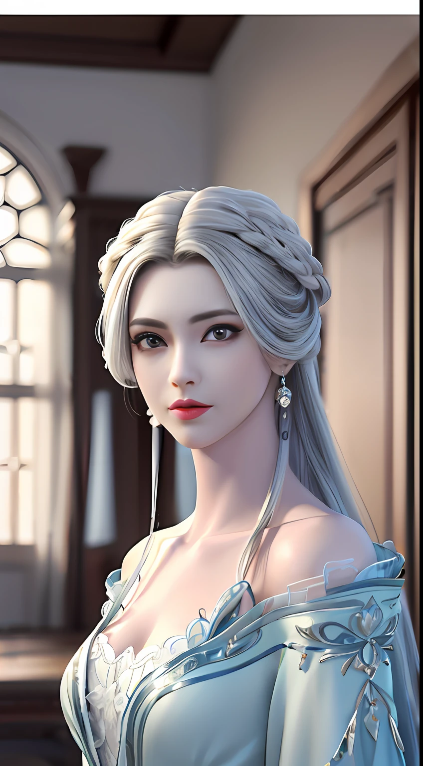 (best quality, masterpiece:1.2), ultra high res, realistic, front lighting, intricate detail, Exquisite details and textures, 1girl, solo ,(young), face highlight, upper body, detailed face, tear mole, white skin, silver hair, ponytail, braid hair, looking at viewer, big eyes, silk robe, (hollow pattern, white, silk), earrings, small breasts, slim body, luxury room, professional lighting, photon mapping, radiosity, physically-based rendering,