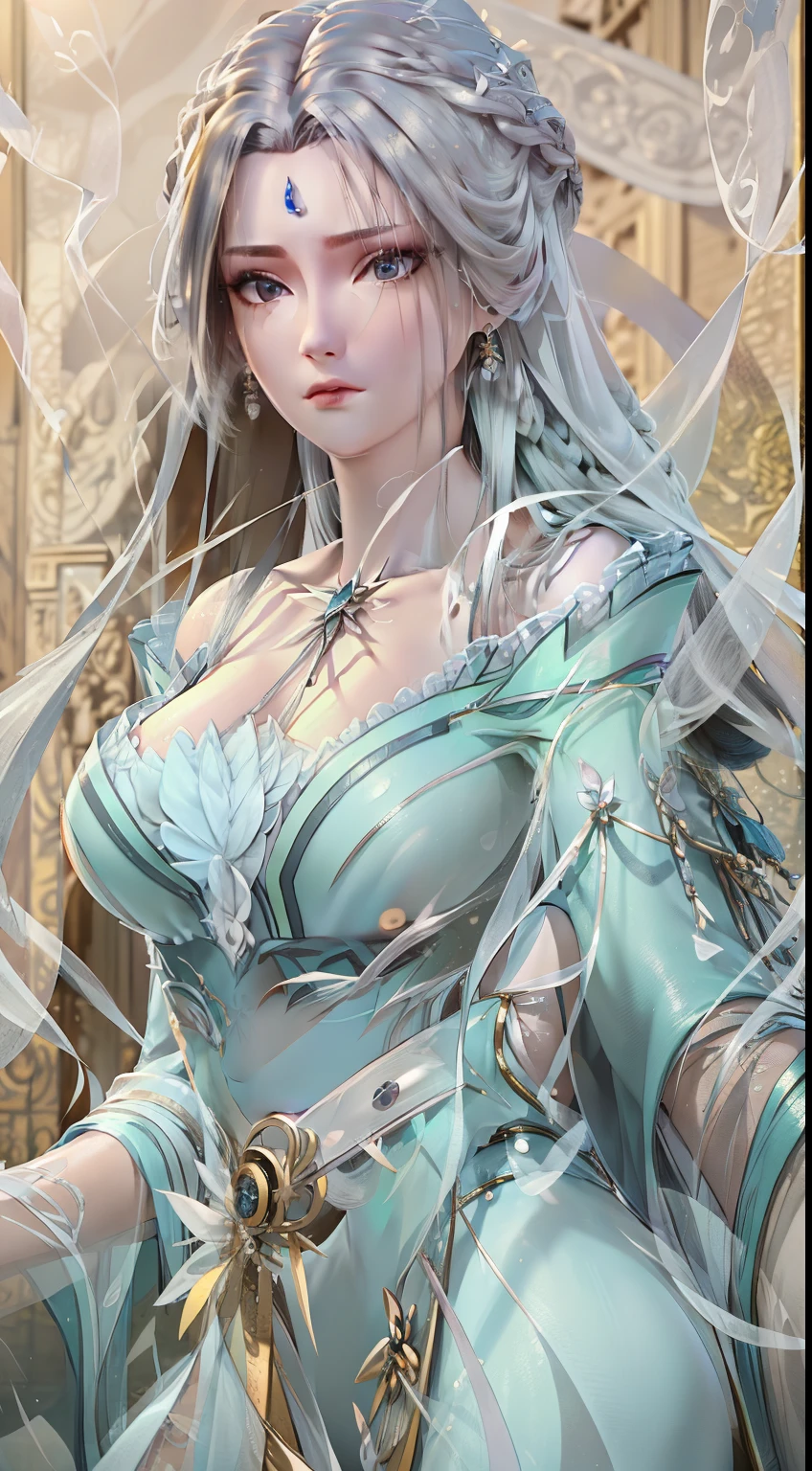 (best quality, masterpiece:1.2), ultra high res, realistic, front lighting, intricate detail, Exquisite details and textures, 1girl, solo ,(young), face highlight, upper body, detailed face, tear mole, white skin, silver hair, ponytail, braid hair, looking at viewer, big eyes, silk robe, (hollow pattern, white, silk), earrings, small breasts, slim body, luxury room, professional lighting, photon mapping, radiosity, physically-based rendering,