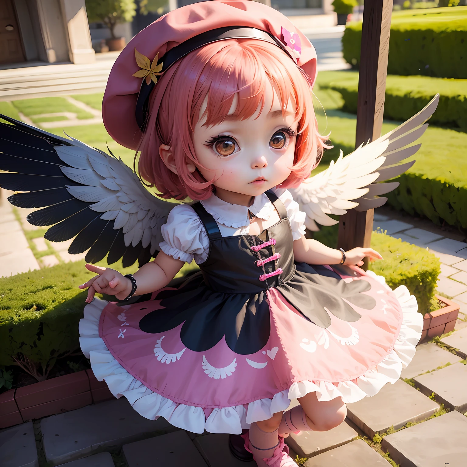 A girl in a colorful hat and a dress with pairs of wings on her back, chibi girl, loli in dress, loli, kawaii chibi, inspired by lyki, chibi art, inspired by Tahara Gu Soda, inspired by Yunduxue, inspired by Wang Lu --auto