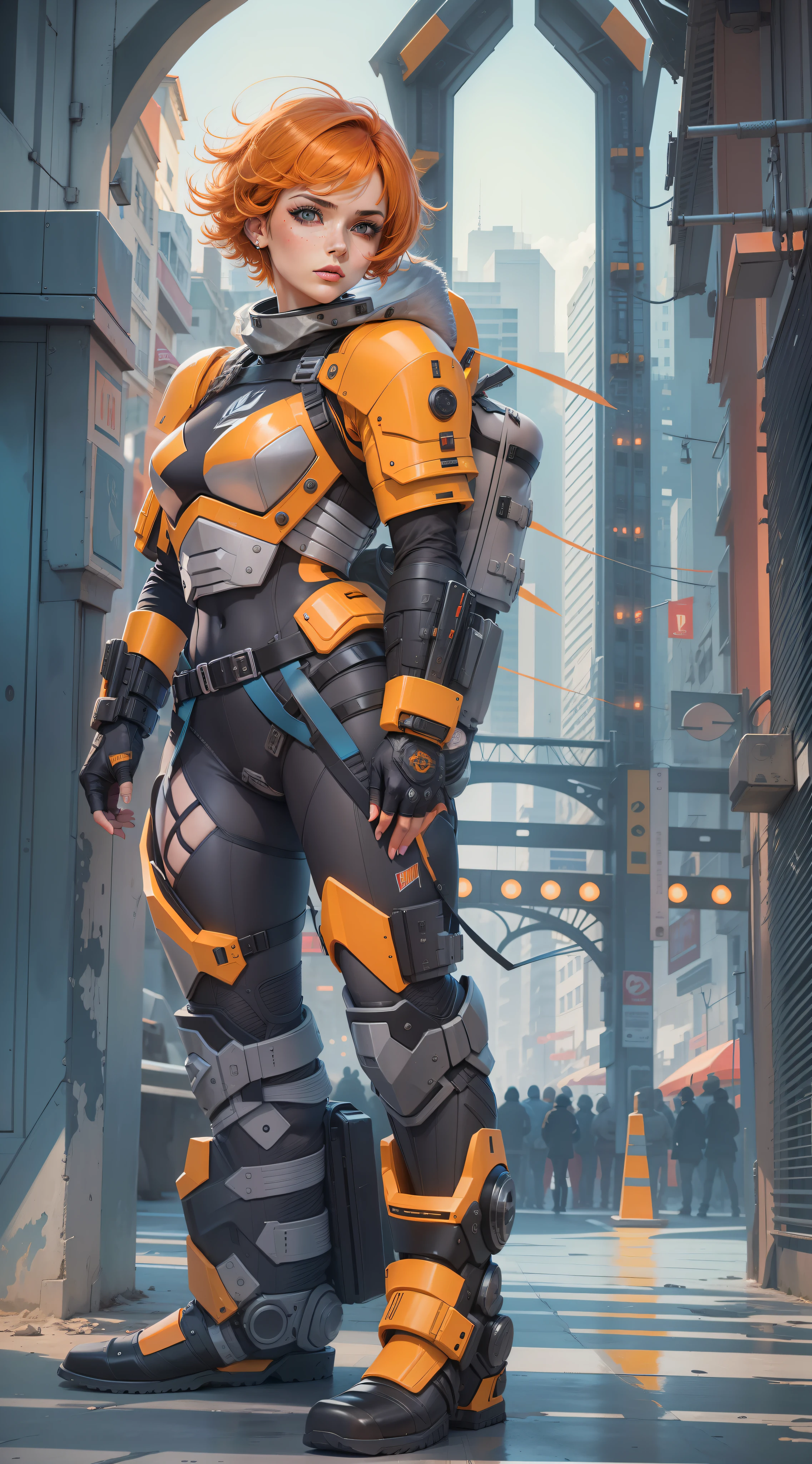 tiro de corpo inteiro, sharp proportion shot, beautiful female, princesa, 26 anos, dressed in modern ballistic armor, rigid exoskeleton, armadura adequada, Armadura preta e cinza, empunhando uma arma laser, short hair, orange hair, raspado nas laterais, rosto hiper realista, altamente detalhado, olhos azuis, vivid colors, dramatic colors, vaporwave, Colouring, Artocromo, 2000K