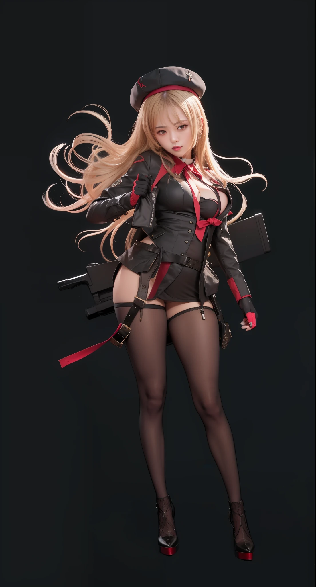 A hyper-realistic、ultra-detailliert、top-quality、hight resolution、20-year-old Japan goddess of war with a black gun、long brown and voluminous hair、Japan G Cup Gravure Idol、Black gloves on the back of the hand,、Wear red gloves on your palms、Black clothes、Red tie、Black garter stockings、Wear short boots with high heels、Carry a black gun behind him