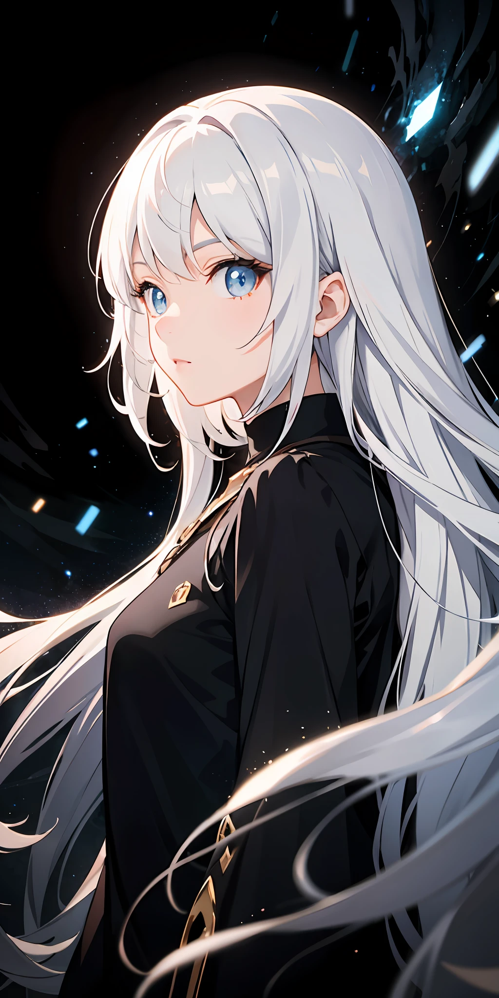Black hole behind the girl, extremely beautiful detailed anime face and eyes, Animated, The upper part of the body_Body, Very long hair, White hair, Gradient Hair,light blue  eyes, Night, spark of light, Surreal, very precise details, the Extremely Detailed CG Unity 8K Wallpapers,