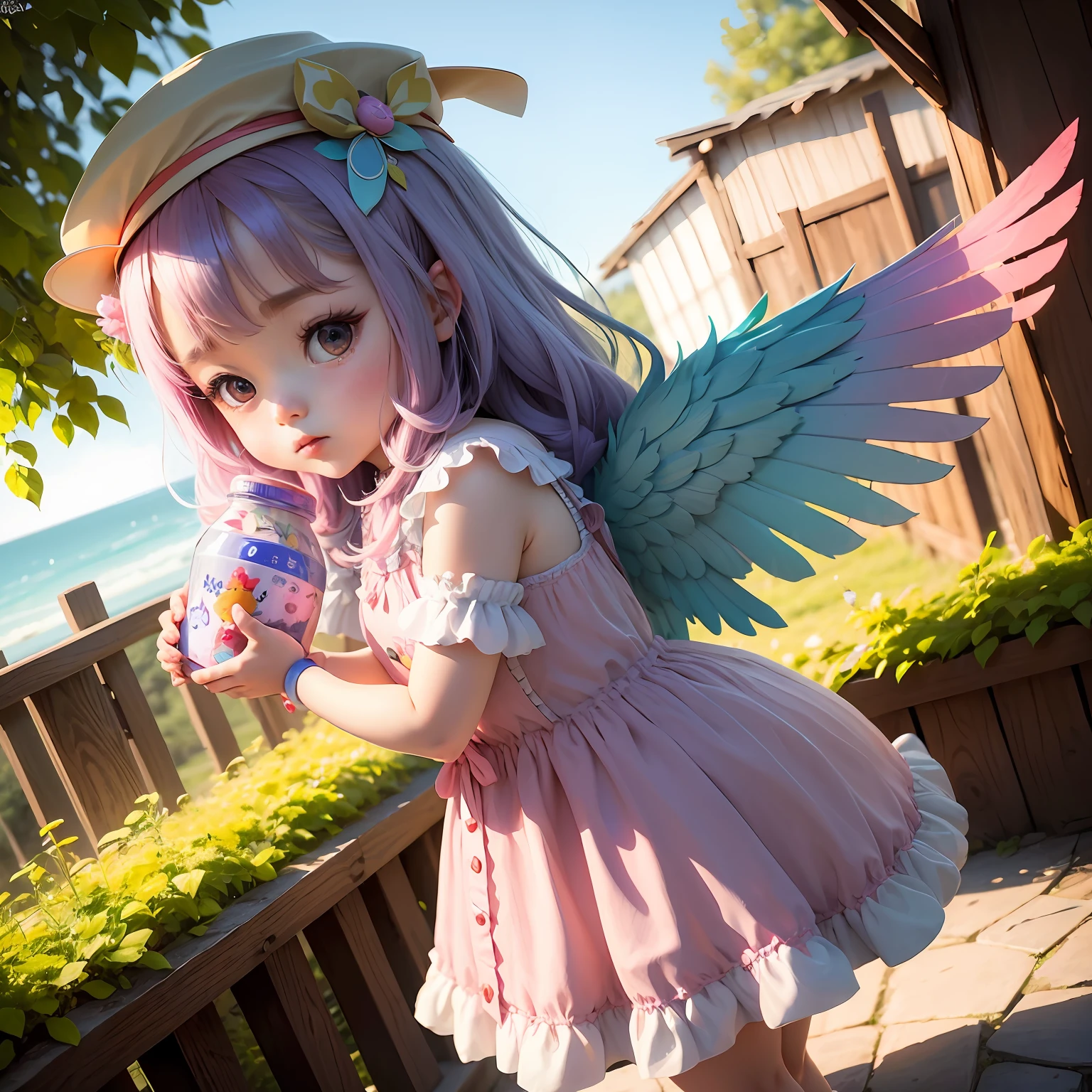 A girl in a colorful hat and a dress with pairs of wings on her back, chibi girl, in dress, loliwaii chibi, inspired by lyki, chibi art, inspired by Tahara Gu Soda, inspired by Yunduxue, inspired by Wang Lu --auto