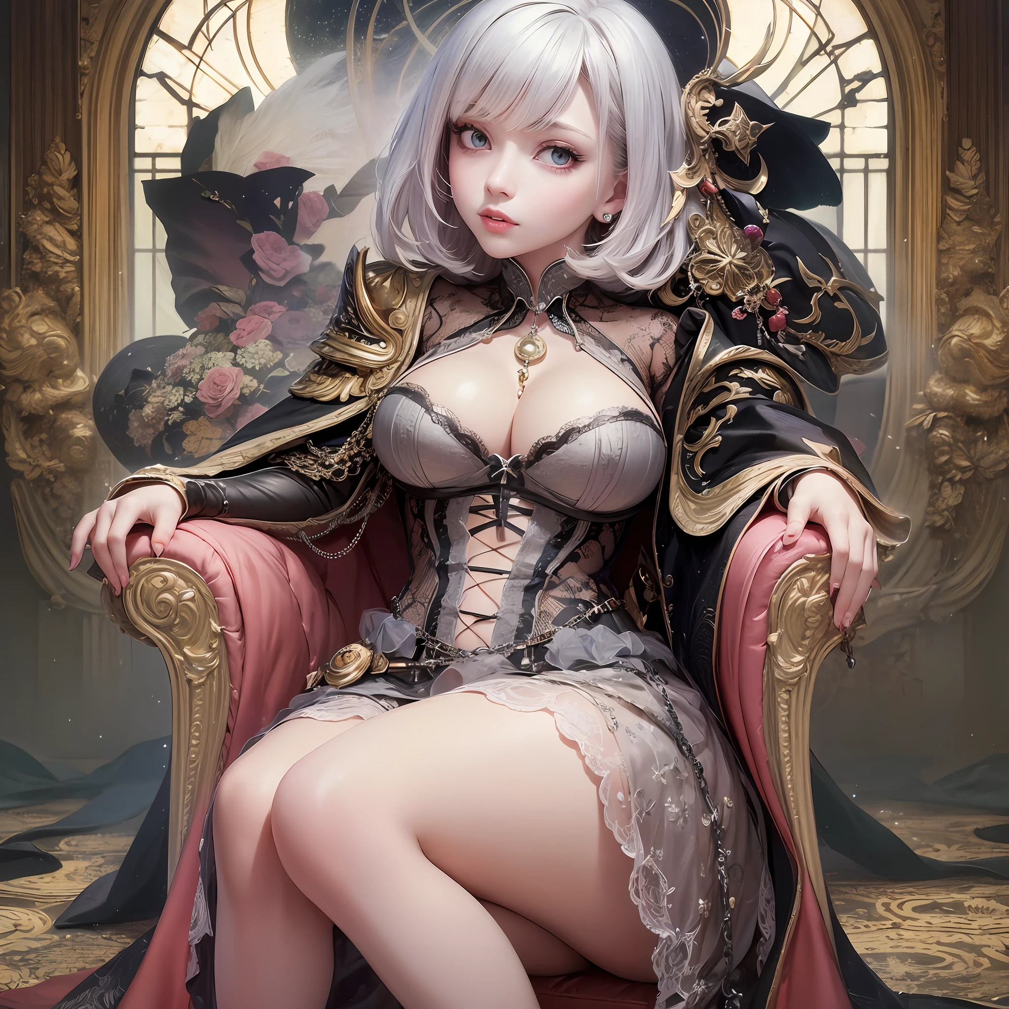 High resolution, Highest Quality, ultra-quality, Super Detail, A hyper-realistic, Photorealistic, animification, Portrait, Anime, Manga, Illustration, Northern Renaissance style, Fantasy, super cute woman, Flowing layered messy silver short bob, Glowing big pink eyes, Mysterious, Enchanting, Seductive moist lips, Huge breasts, great proportion, perfectly proportions, slender, Full body, sitting in the chair、Place your chin on your chin, Camisole dress