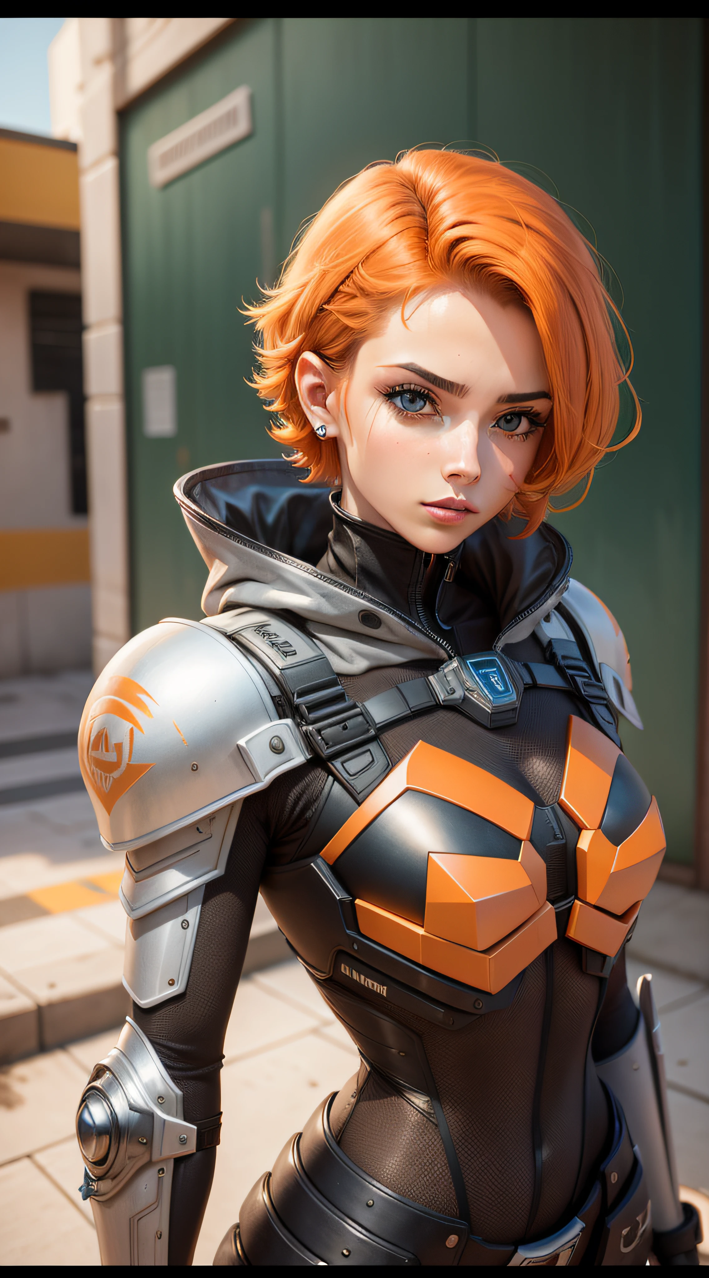 tiro de corpo inteiro, sharp proportion shot, beautiful female, princesa, 26 anos, dressed in modern ballistic armor, rigid exoskeleton, armadura adequada, Armadura preta e cinza, empunhando uma arma laser, short hair, orange hair, raspado nas laterais, rosto hiper realista, altamente detalhado, olhos azuis, vivid colors, dramatic colors, vaporwave, Colouring, Artocromo, 2000K