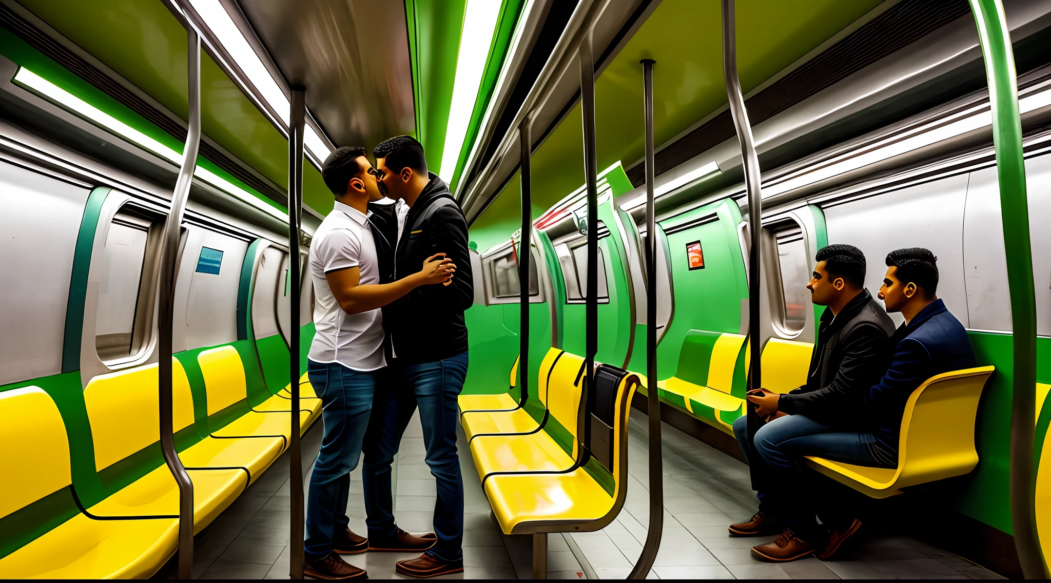 a gay couple making out in an empty mexico city subway car with lemon green seats in a low light, 3d, intrincate, low light --auto