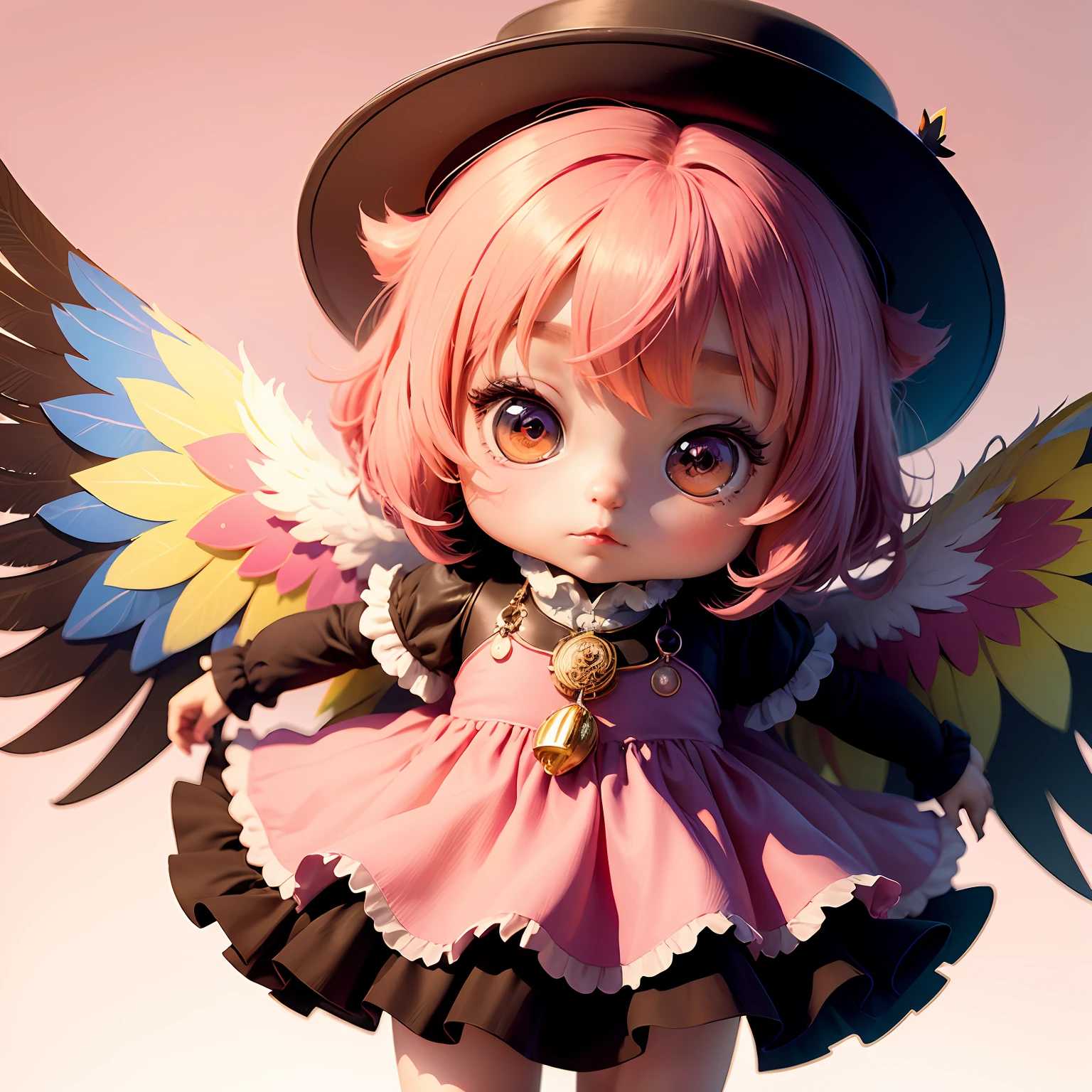 A girl in a colorful hat and a dress with pairs of wings on her back, chibi girl, loli in dress, loli, kawaii chibi, inspired by lyki, chibi art, inspired by Tahara Gu Soda, inspired by Yunduxue, inspired by Wang Lu --auto