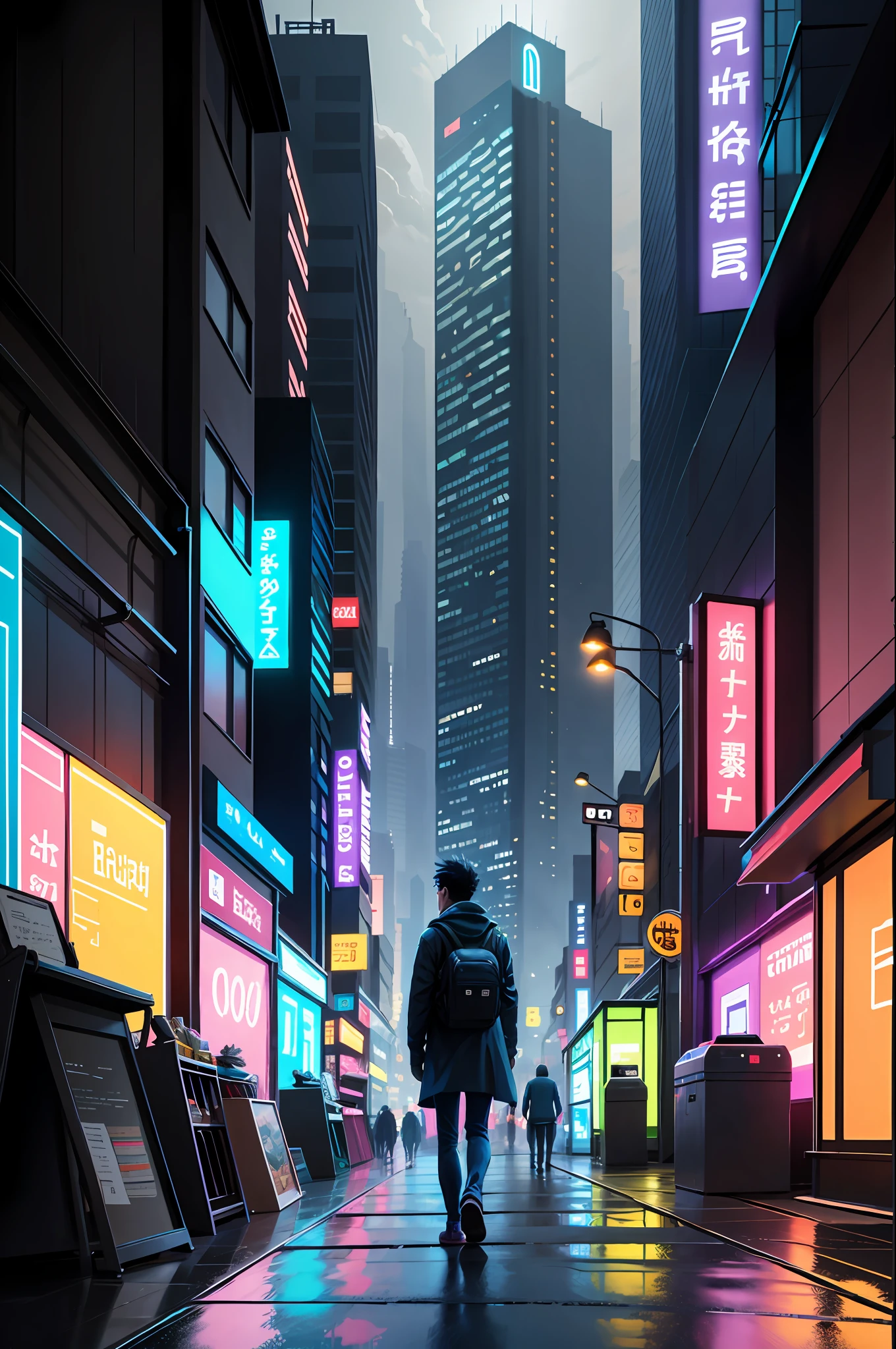 (masterpiece, 4k ,ultra detailed:1.2),(anime:1.2),illustration,(realistic:1),(photorealistic:1), (solo:1.2), (walking:1), (panorama,perspective:1.4) ，（fish eye：1.2），（scenecy，exteriors，view over city，the night，midynight，the roof，cyber punk perssonage，bitumen，Sateen，scribble art，Reflectors，stores，kiosk，pedestrian walkway，alleys：1.2），（skyscrapper，mist：1.4）， （pedestrians，crowd of，number of people：1.3），（neonlight，blue neon lights，Pink neon signs，Yellow neon signs：1.4）