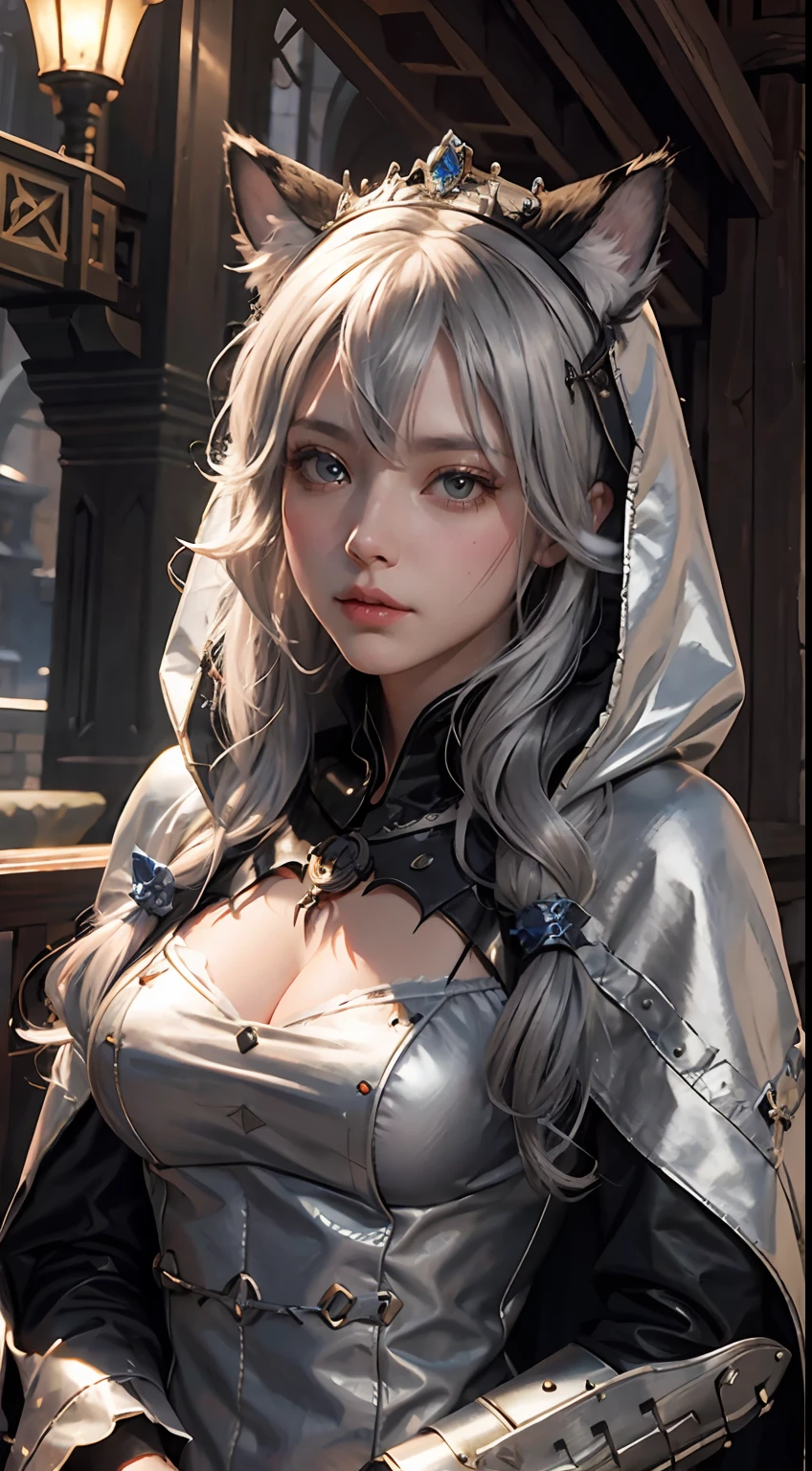 medieval times,steampunc,gear wheel,cat ear, Princess,tiara crown,dual horsetail, Silvery hair, kemonomimi mode, full blush, Hooded cape, High detail, Chiaroscuro, Verism, Ray tracing, High details, A high resolution