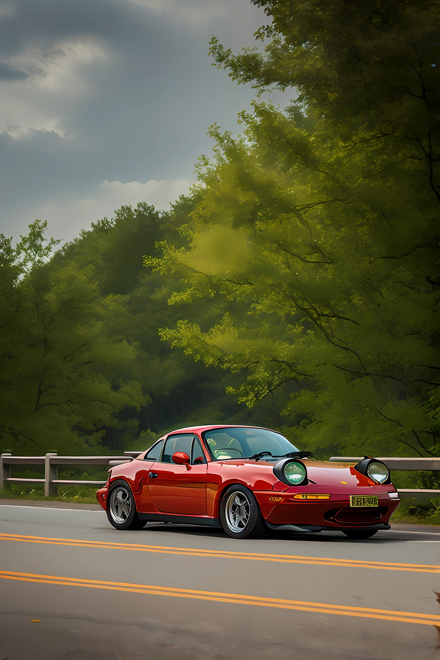Red Porsche sports cars speeding down the road，The sides are lush with trees，and the sun was shining brightly