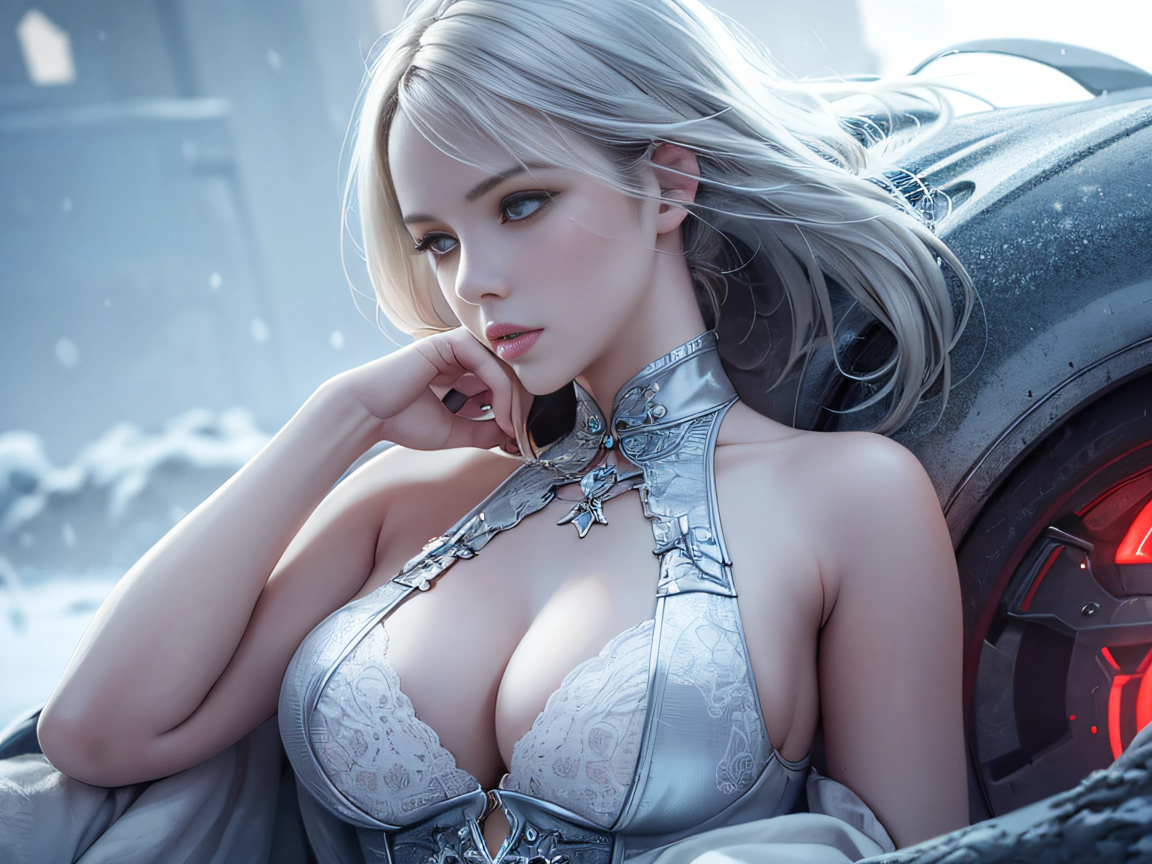 Cirilla Fiona Elen Riannon,Highest image quality,Outstanding details,超高分辨率,(Fidelity:1.4), Favor the details,closeup cleavage,dawn,Snow,winter,Behind it is the wizard's sword,He has a delicate and beautiful face,((Red and white semi-mechanical body:1.8)),Raised sexy,frontage,cyber punk perssonage,Futuristic,mechanically aesthetic,Virtual Engine 5,Perfect detail rendering,rendering by octane,hyper HD